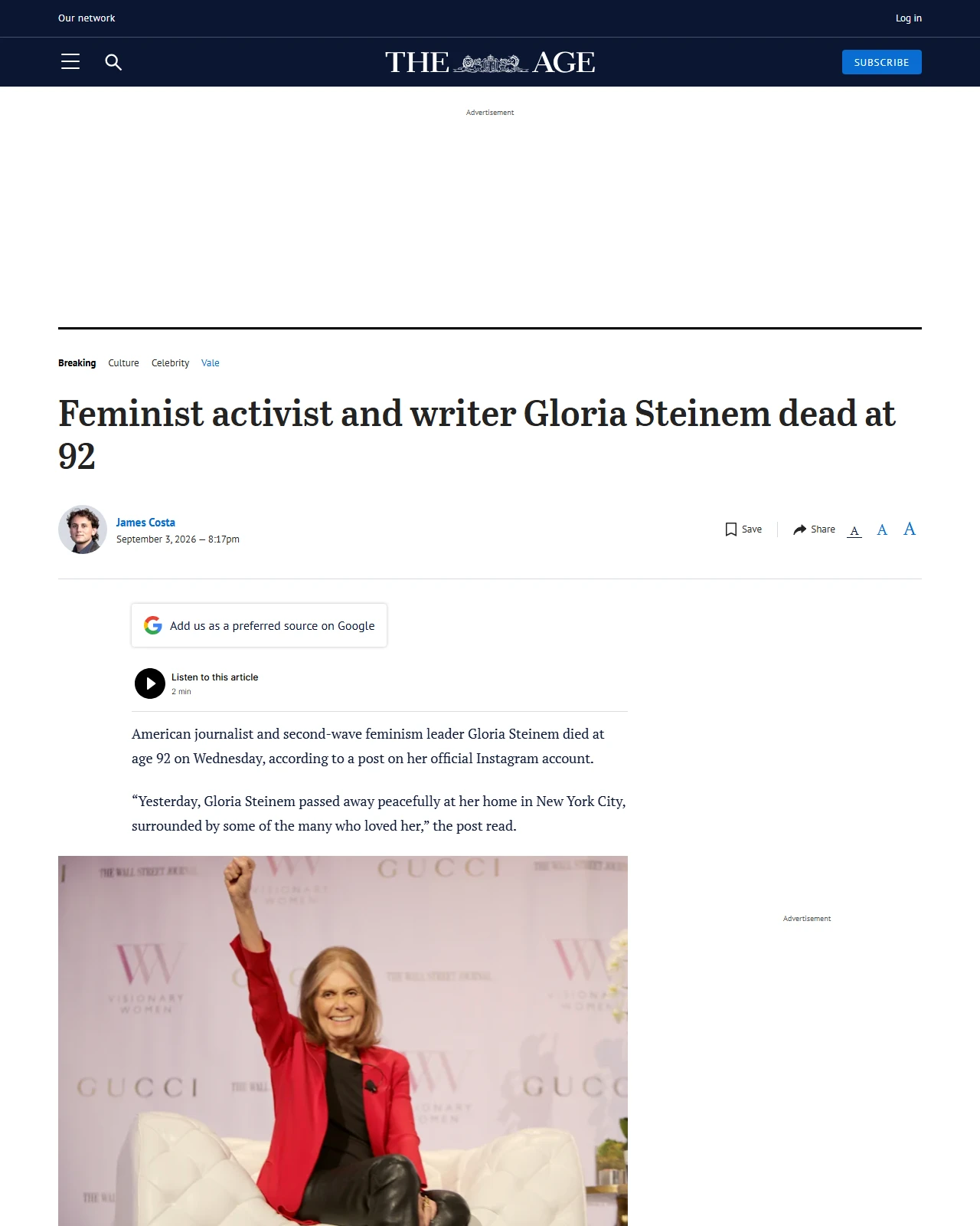 theage.com.au as published: Feminist activist and writer Gloria Steinem dead at 92