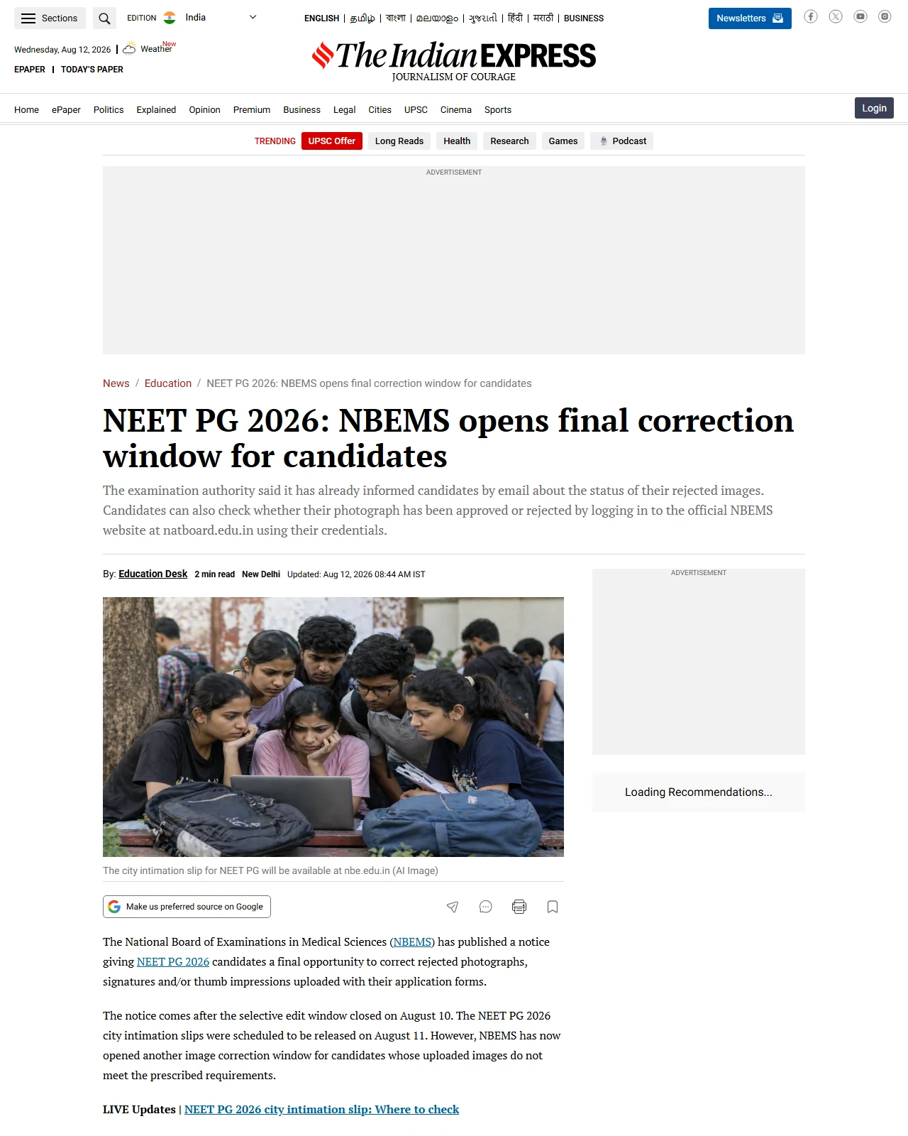 indianexpress.com as published: NEET PG 2026: NBEMS opens final correction window for candidates