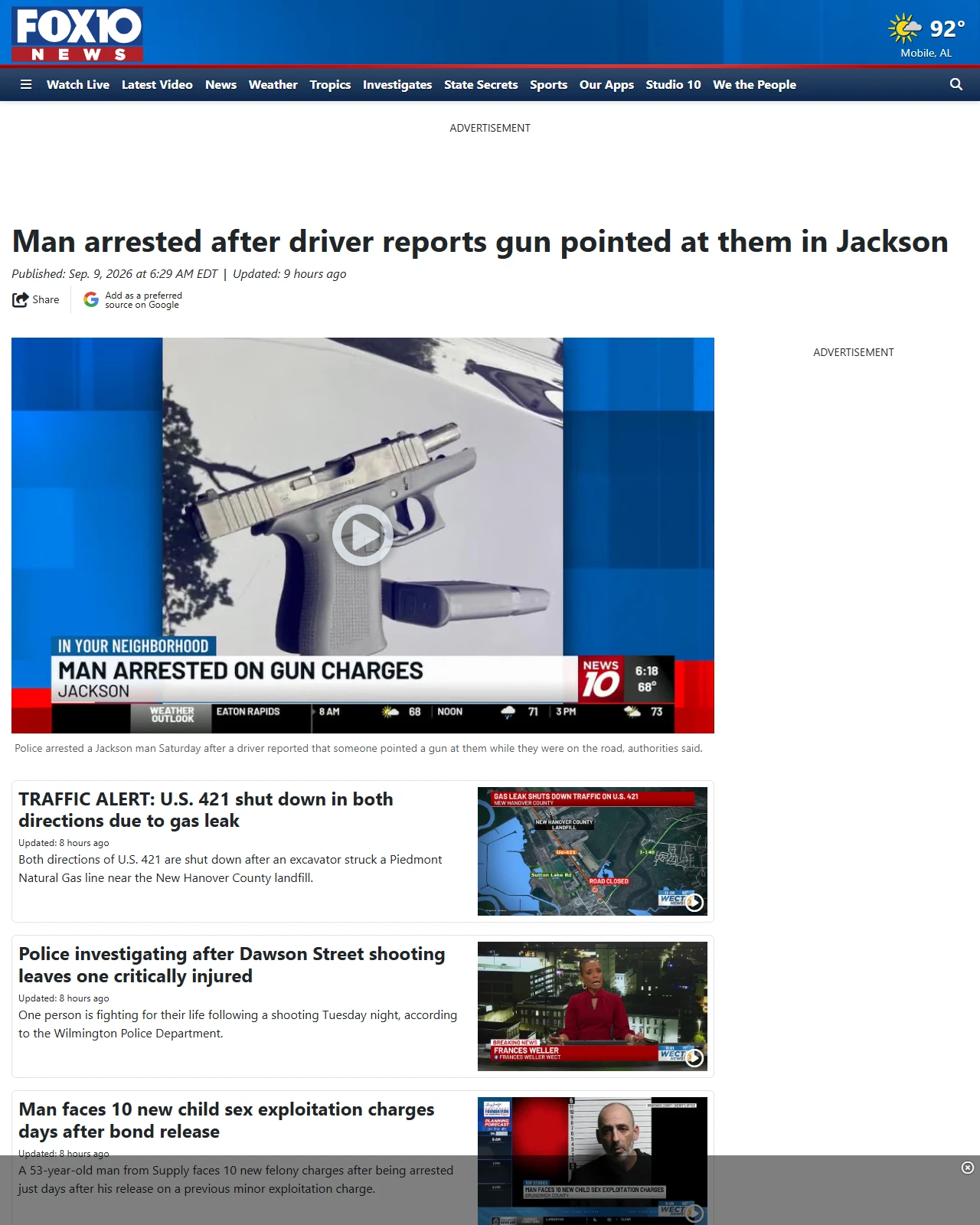 fox10tv.com as published: Man arrested after driver reports gun pointed at them in Jackson
