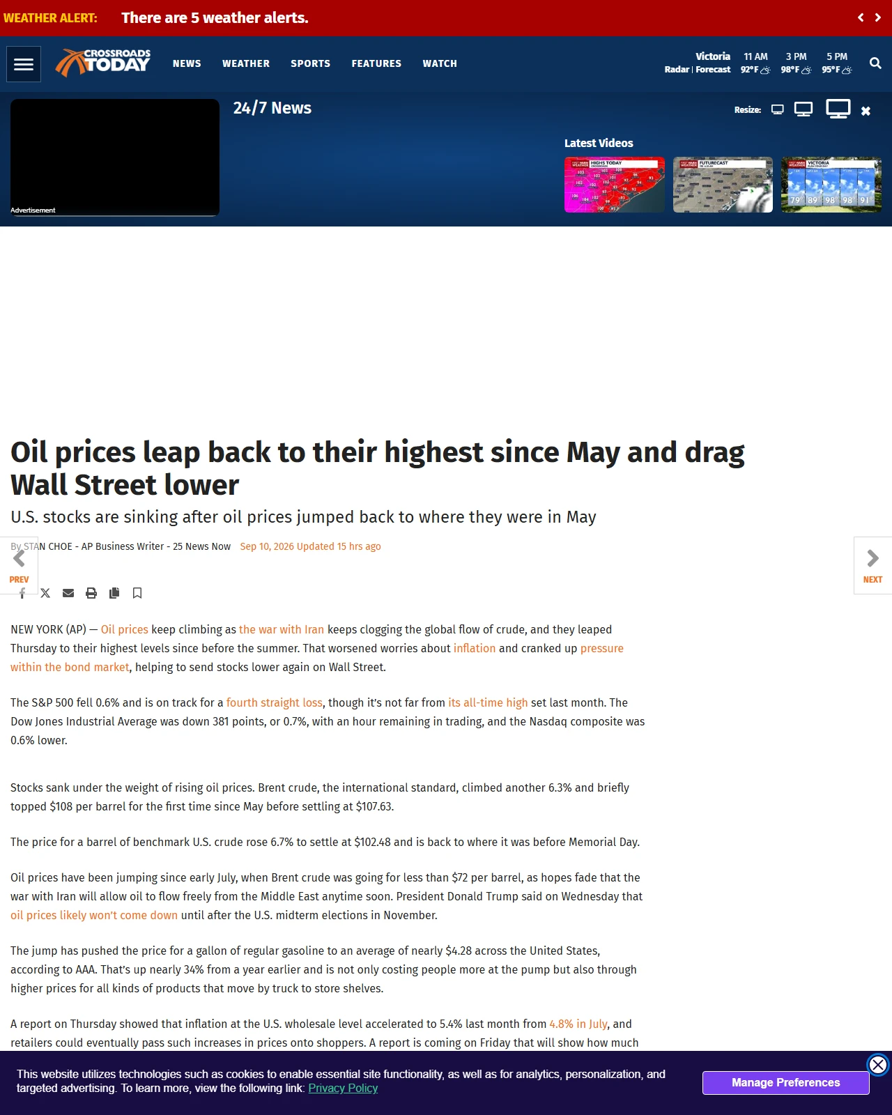 crossroadstoday.com as published: Oil prices leap back to their highest since May and drag Wall Street lower