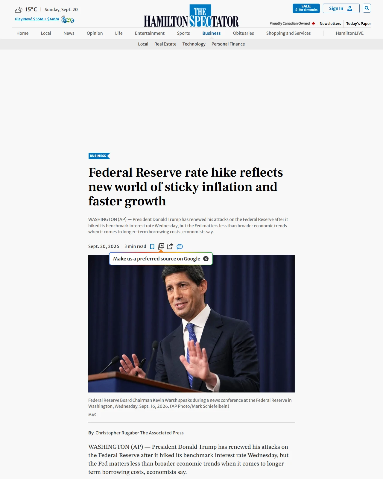 hamiltonnews.com as published: Federal Reserve rate hike reflects new world of sticky inflation and faster growth