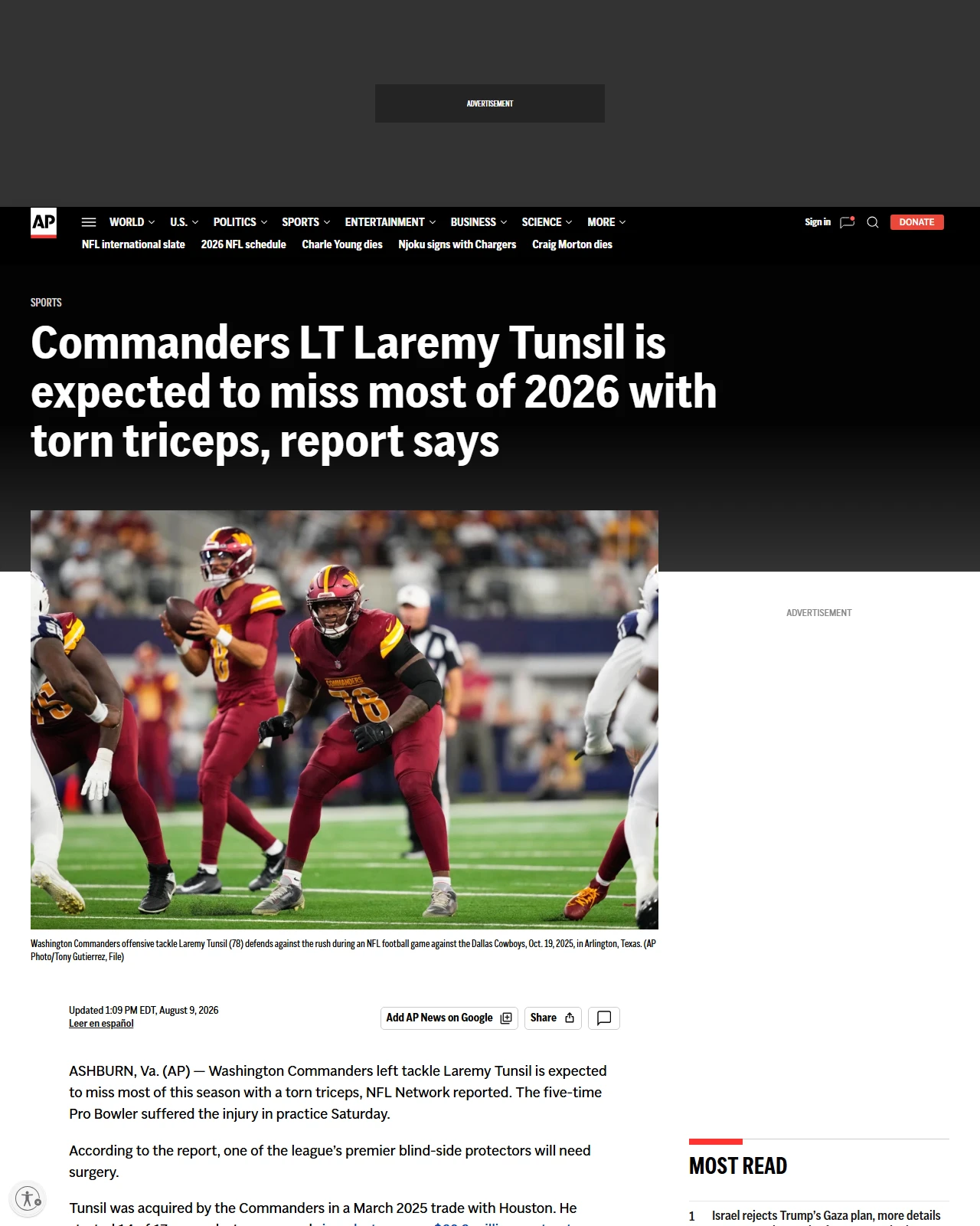 apnews.com as published: Commanders LT Laremy Tunsil is expected to miss most of 2026 with torn triceps, report says