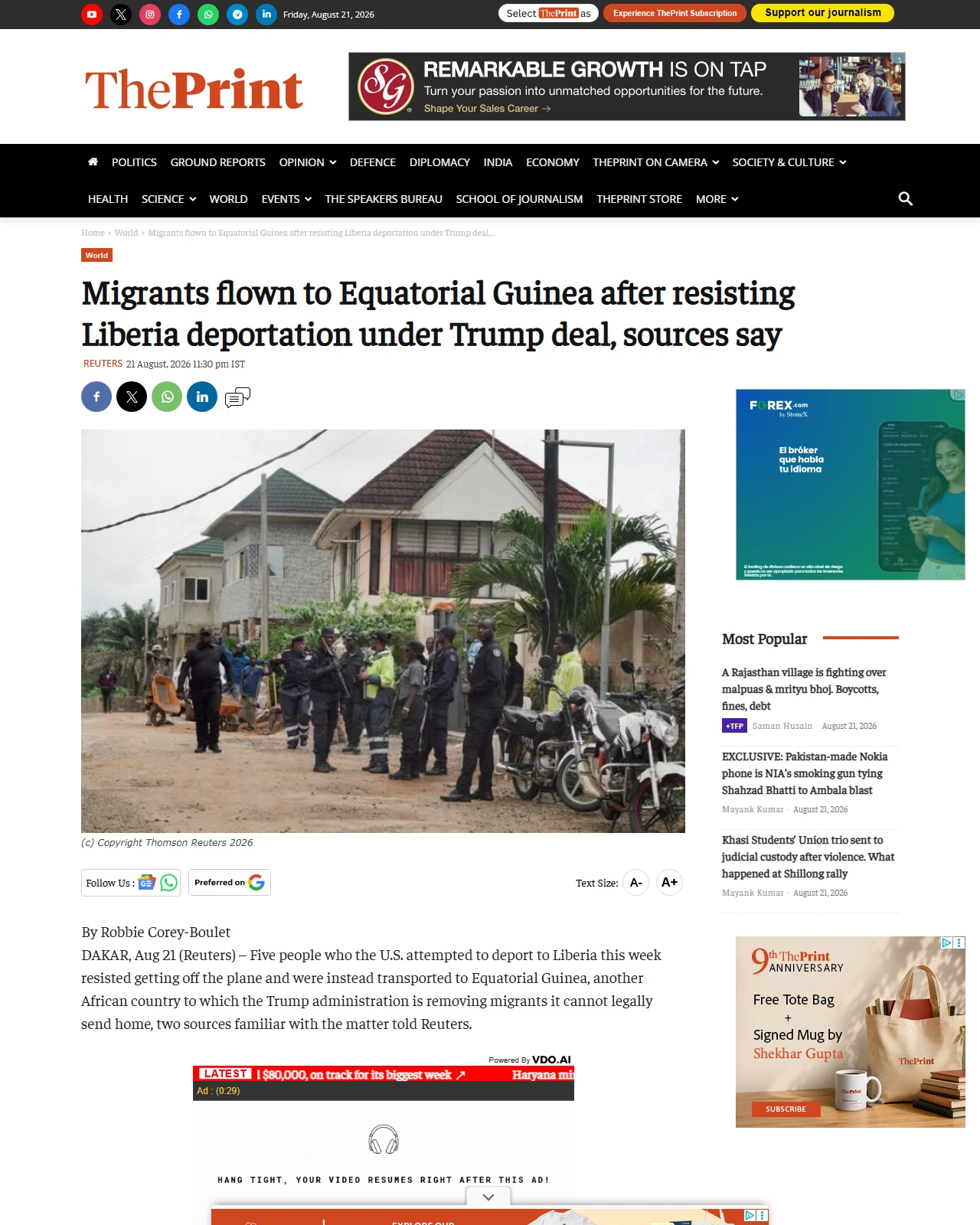 theprint.in as published: Migrants flown to Equatorial Guinea after resisting Liberia deportation under Trump deal, sources say