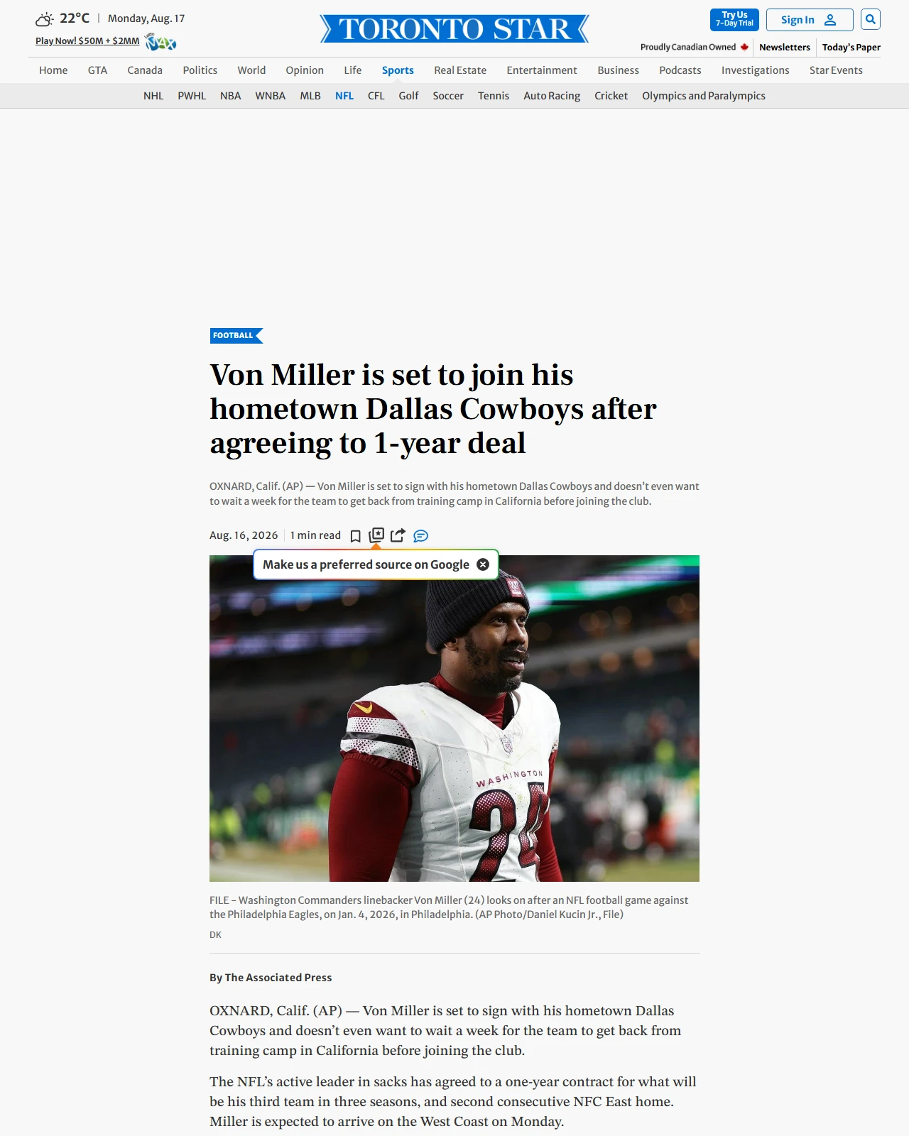 thestar.com as published: Von Miller is set to join his hometown Dallas Cowboys after agreeing to 1-year deal
