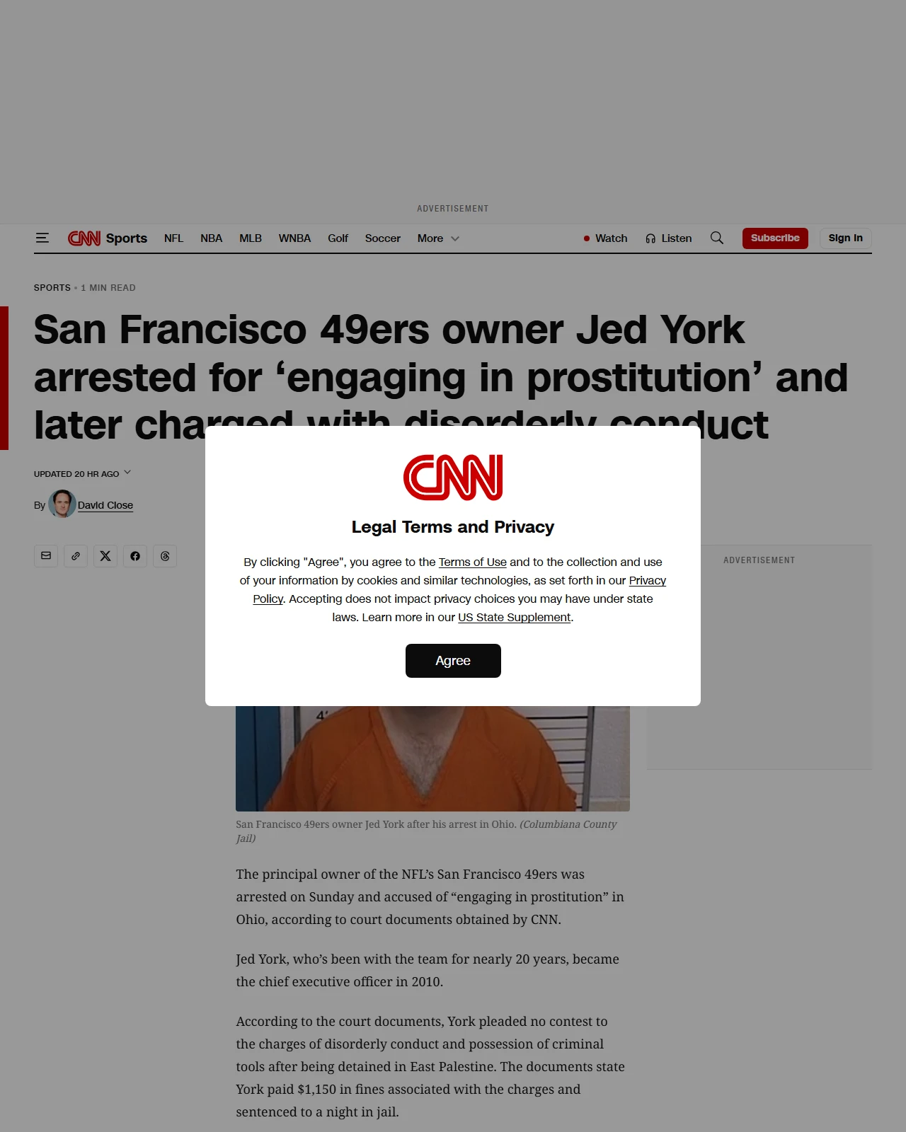 cnn.com as published: San Francisco 49ers owner Jed York arrested for ‘engaging in prostitution’ and later charged with disorderly conduct