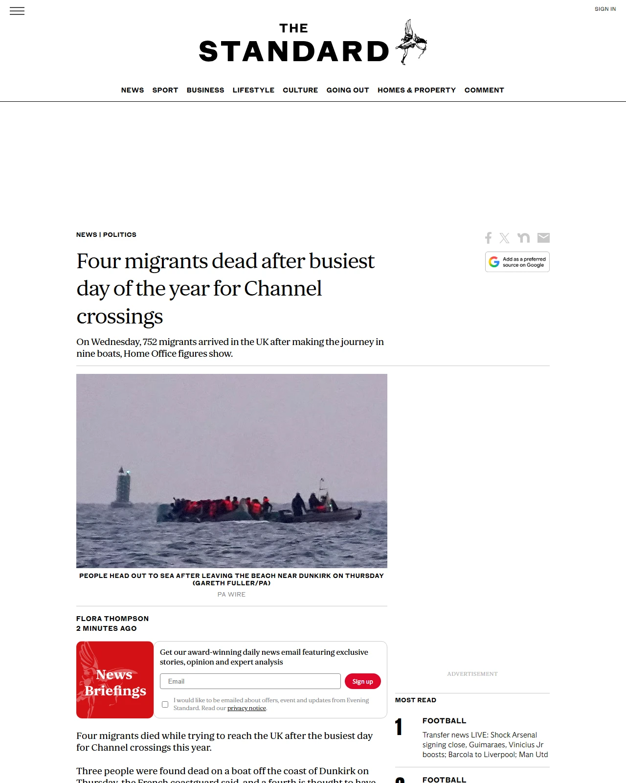 standard.co.uk as published: Four migrants dead after busiest day of the year for Channel crossings
