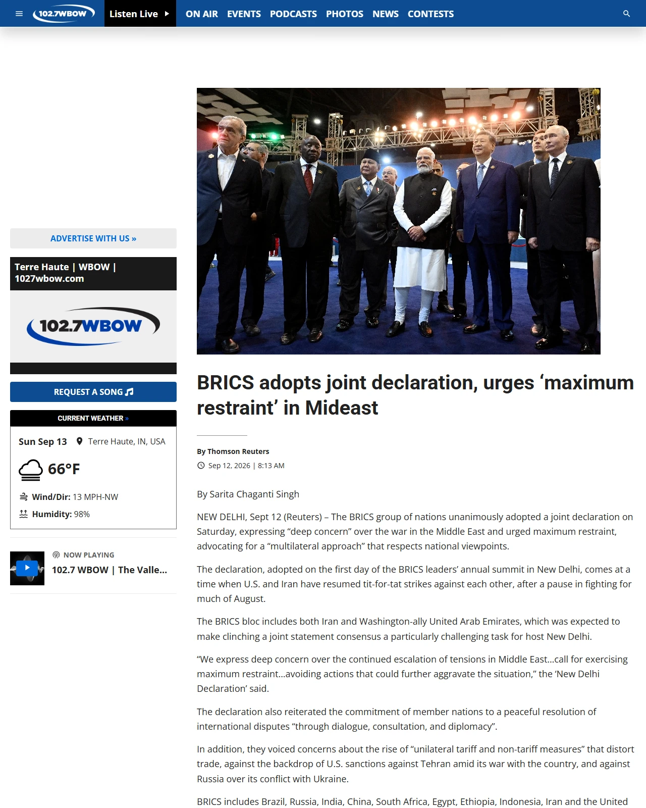 1027wbow.com as published: BRICS adopts joint declaration, urges ‘maximum restraint’ in Mideast