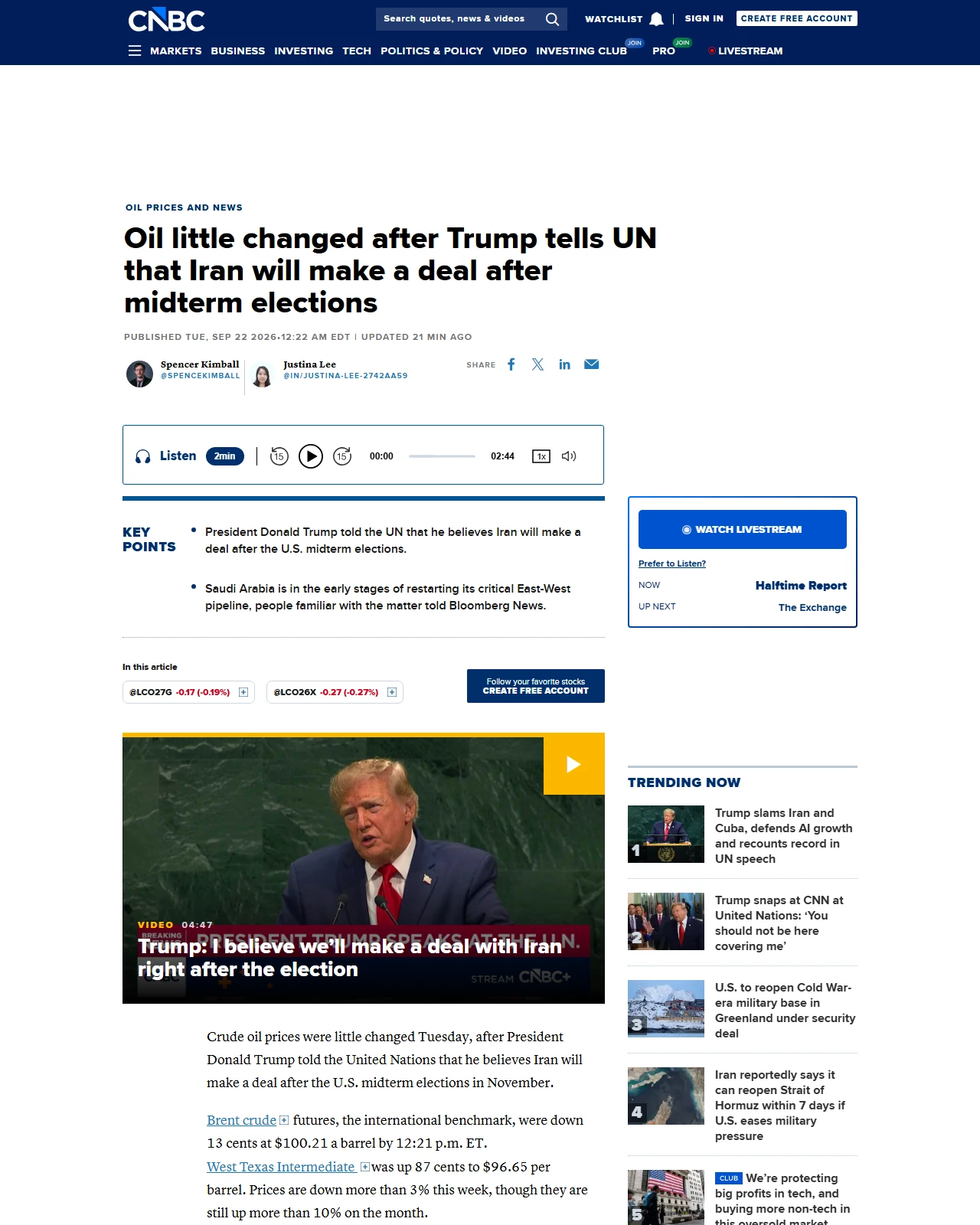 cnbc.com as published: Oil little changed after Trump tells UN that Iran will make a deal after midterm elections