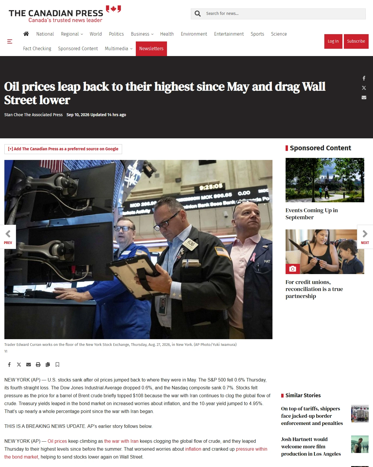 thecanadianpressnews.ca as published: Oil prices leap back to their highest since May and drag Wall Street lower
