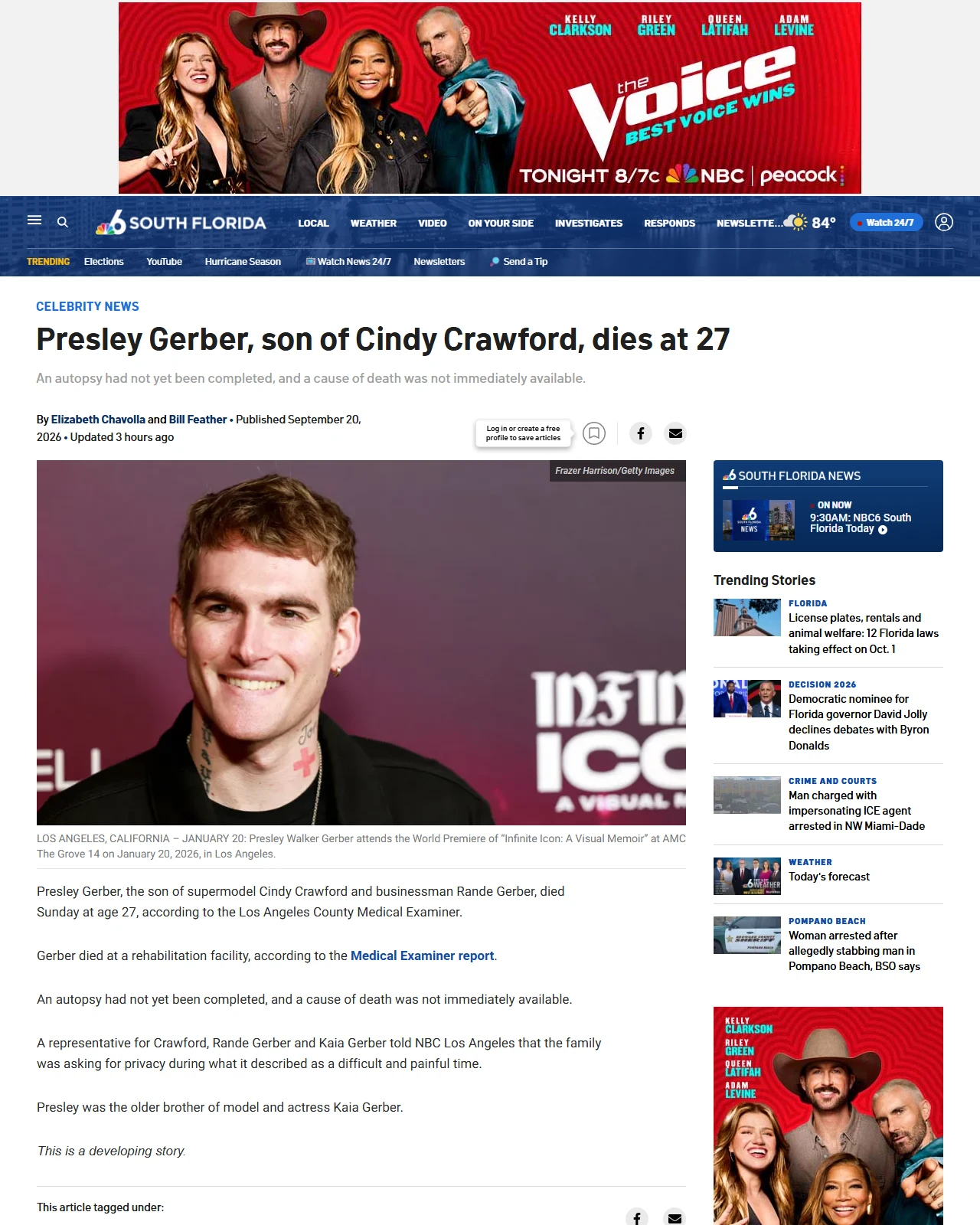 nbcmiami.com as published: Presley Gerber, son of Cindy Crawford, dies at 27