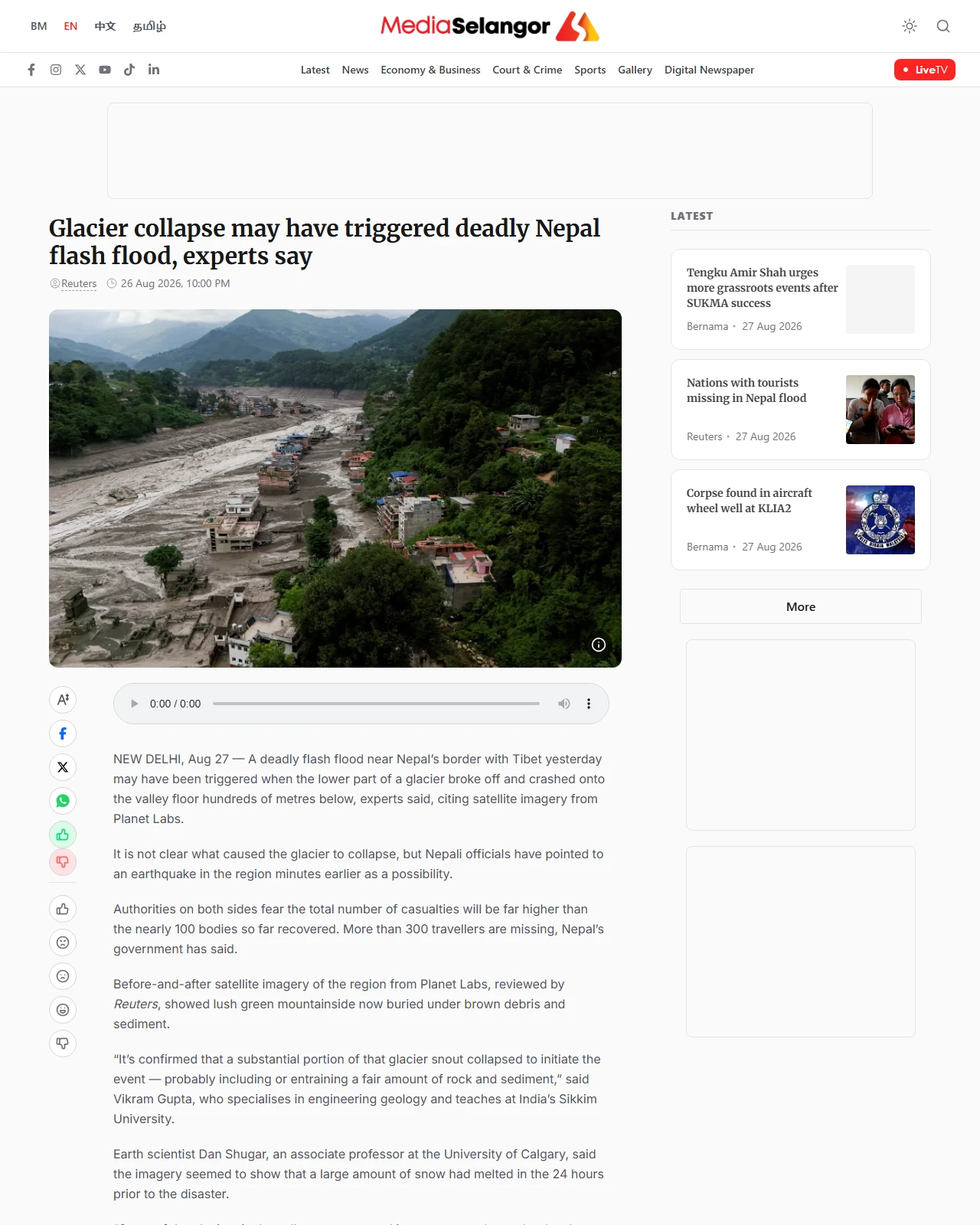 mediaselangor.com as published: Glacier collapse may have triggered deadly Nepal flash flood, experts say