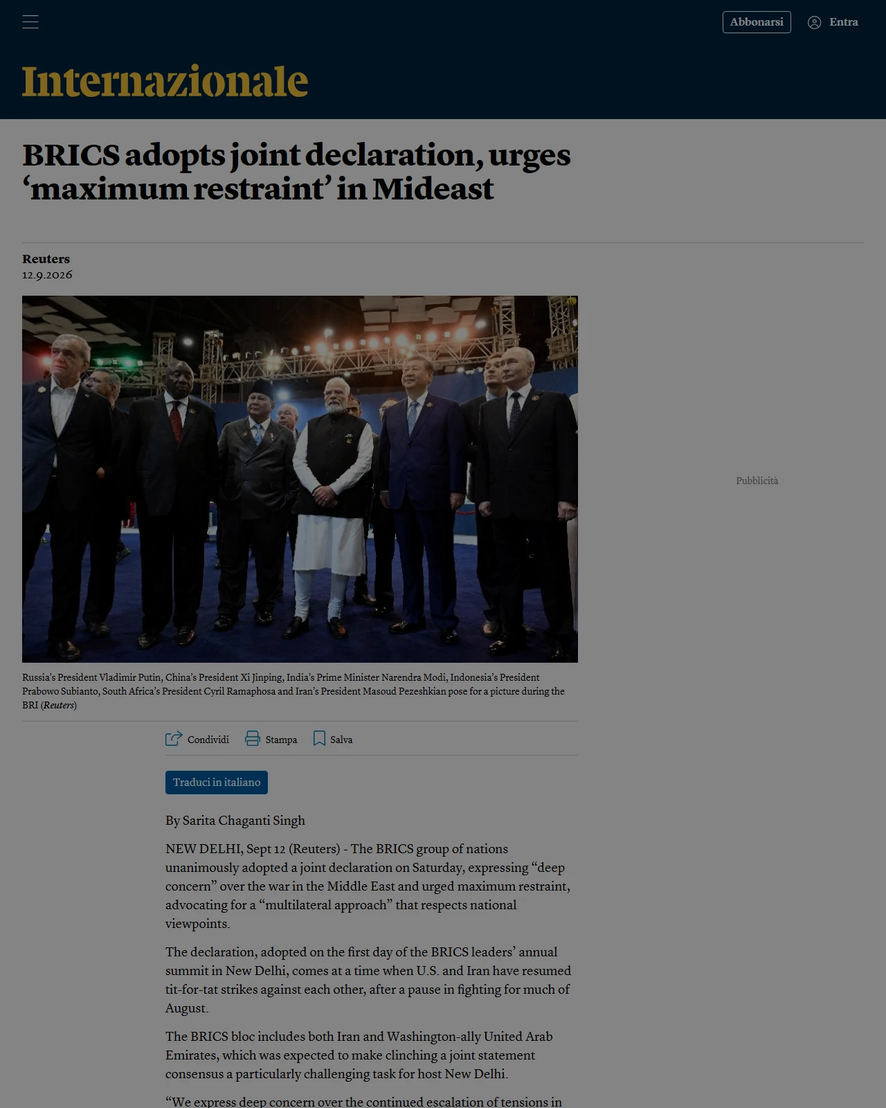 internazionale.it as published: BRICS adopts joint declaration, urges ‘maximum restraint’ in Mideast