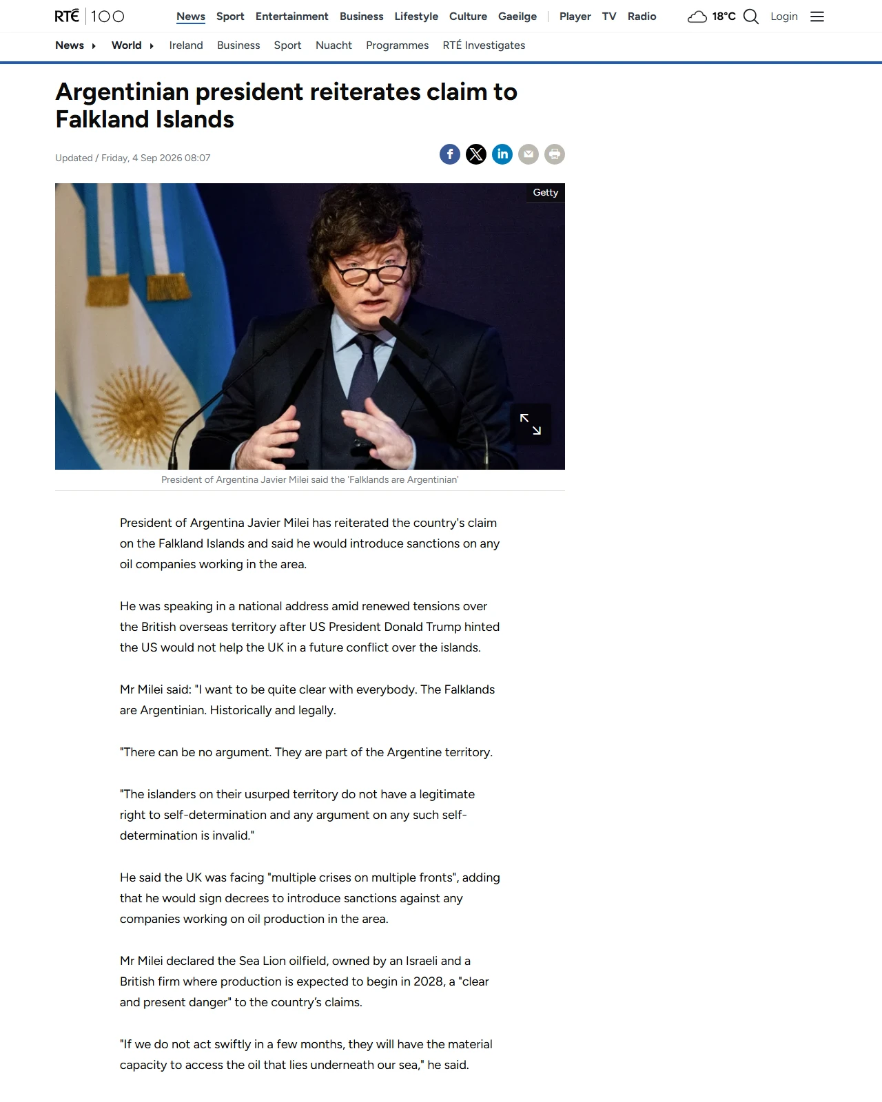 rte.ie as published: Argentinian president reiterates claim to Falklands