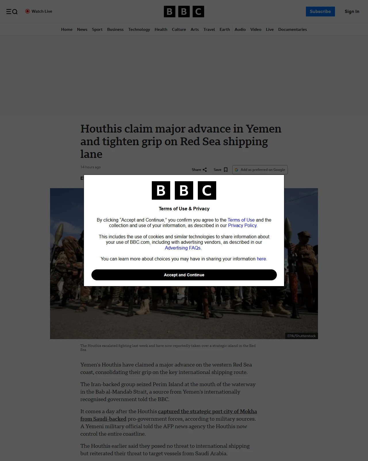 bbc.co.uk as published: Houthis claim major advance in Yemen and tighten grip on Red Sea shipping lane
