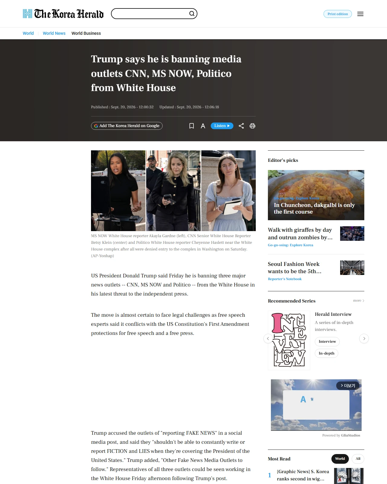 koreaherald.com as published: Trump says he is banning media outlets CNN, MS NOW, Politico from White House