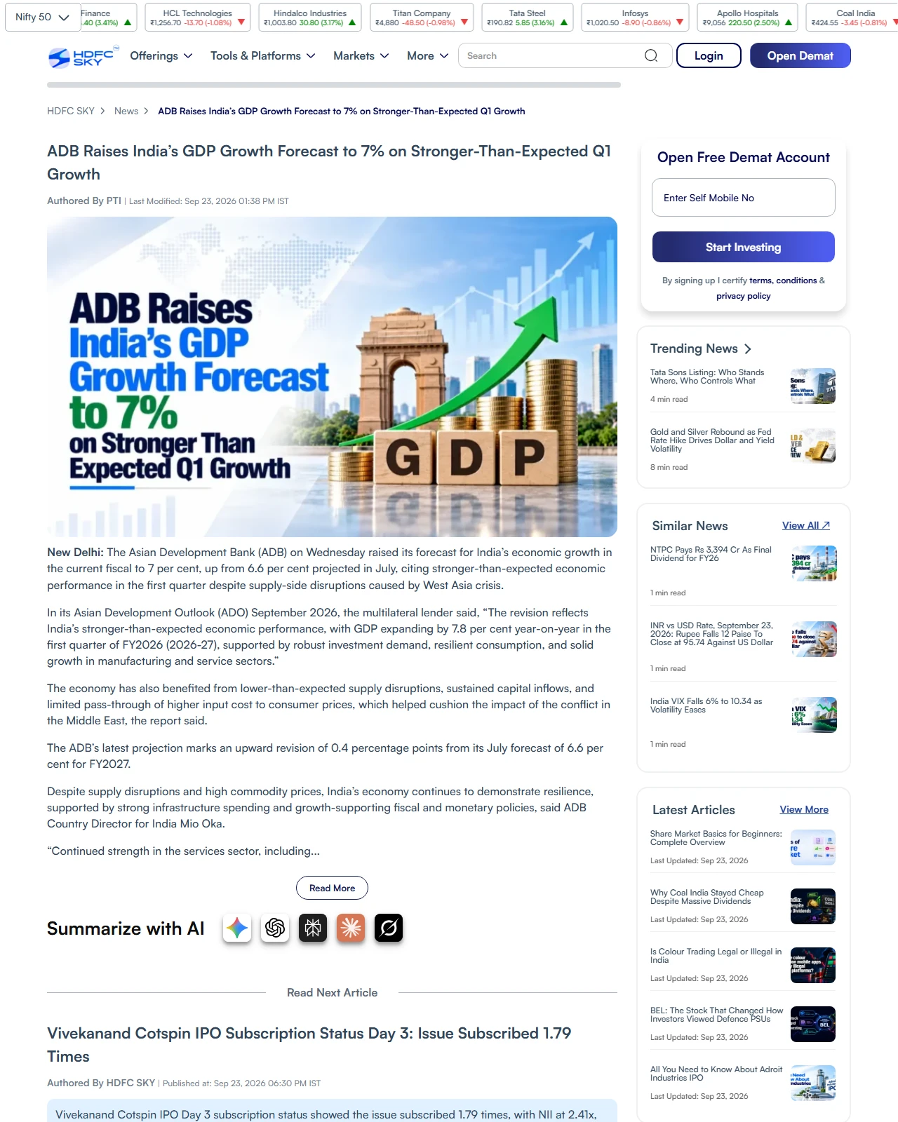 hdfcsky.com as published: ADB Raises India’s GDP Growth Forecast to 7% on Stronger-Than-Expected Q1 Growth