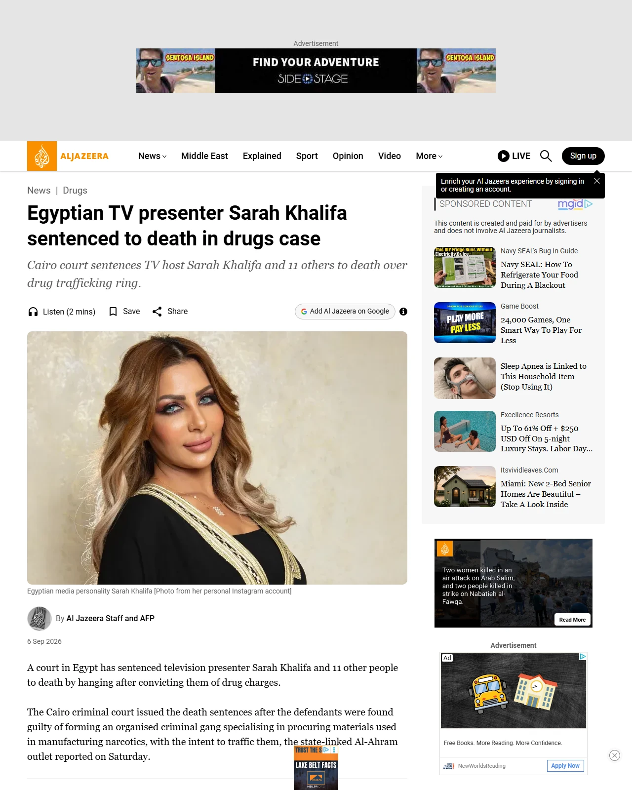 aljazeera.com as published: Egyptian TV presenter Sarah Khalifa sentenced to death in drugs case