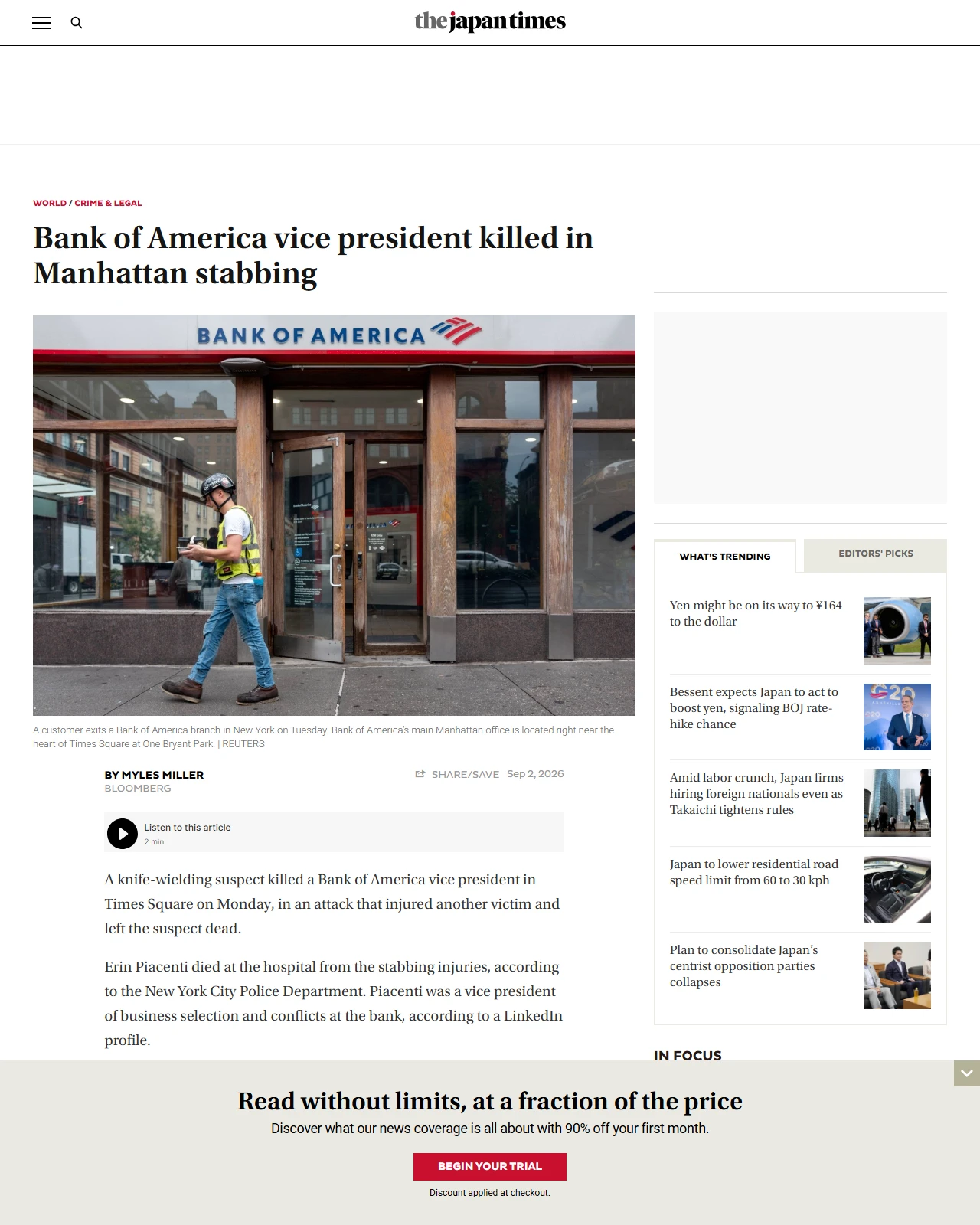 japantimes.co.jp as published: Bank of America vice president killed in Manhattan stabbing