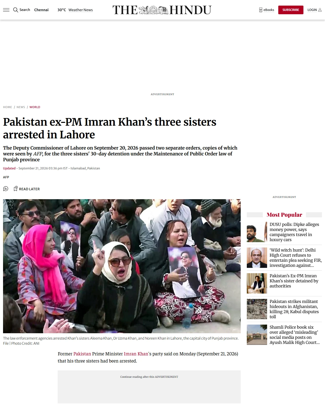 thehindu.com as published: Pakistan ex-PM Imran Khan’s three sisters arrested in Lahore