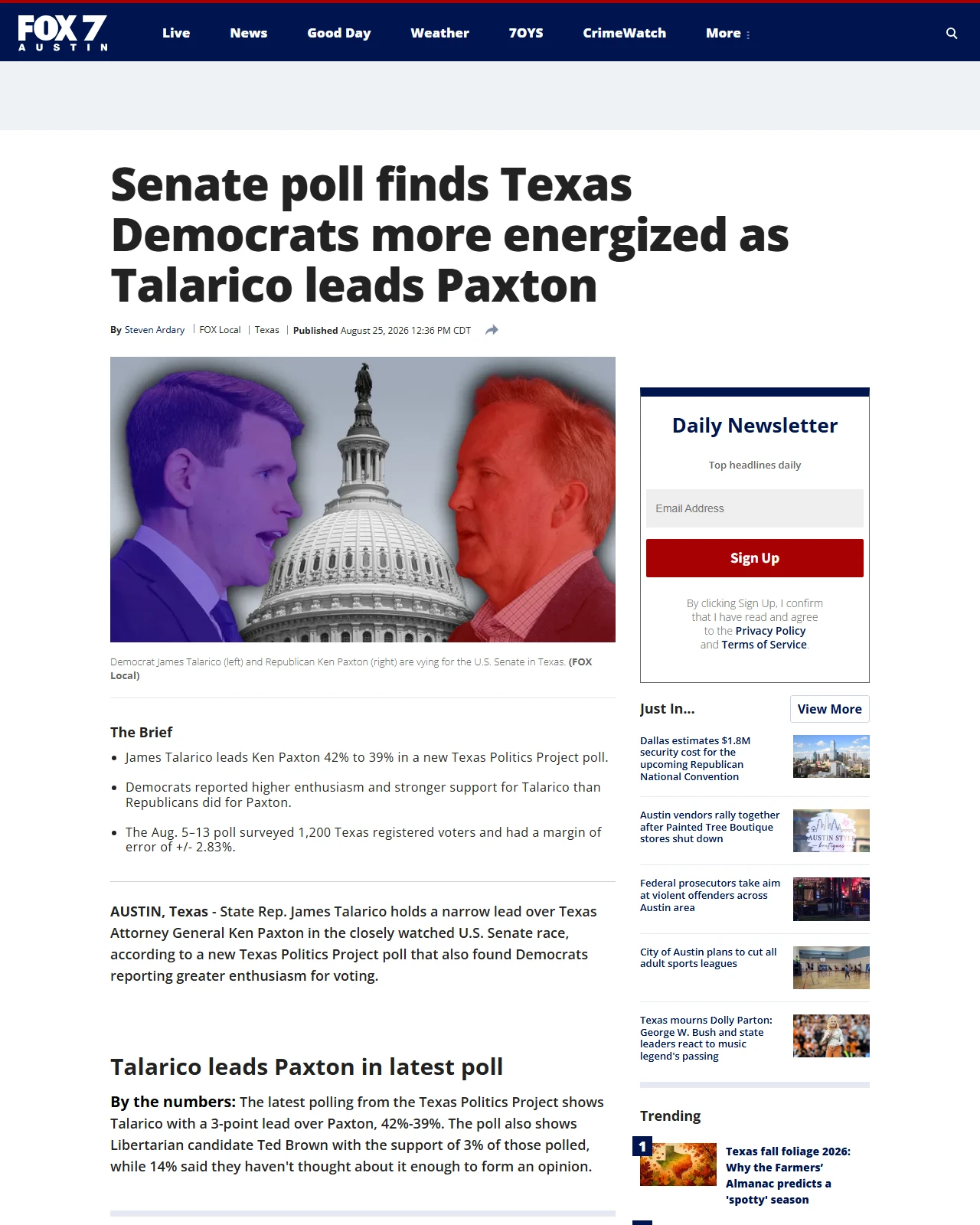 fox7austin.com as published: Senate poll finds Texas Democrats more energized as Talarico leads Paxton