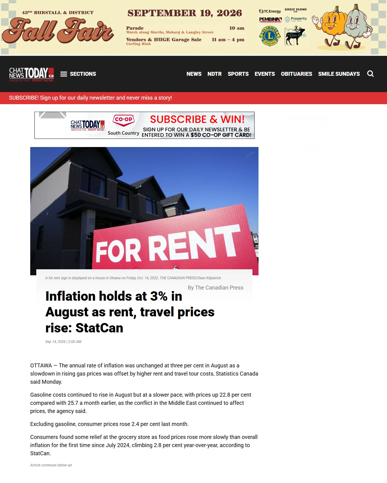 chatnewstoday.ca as published: Statistics Canada to report inflation figures for August this morning