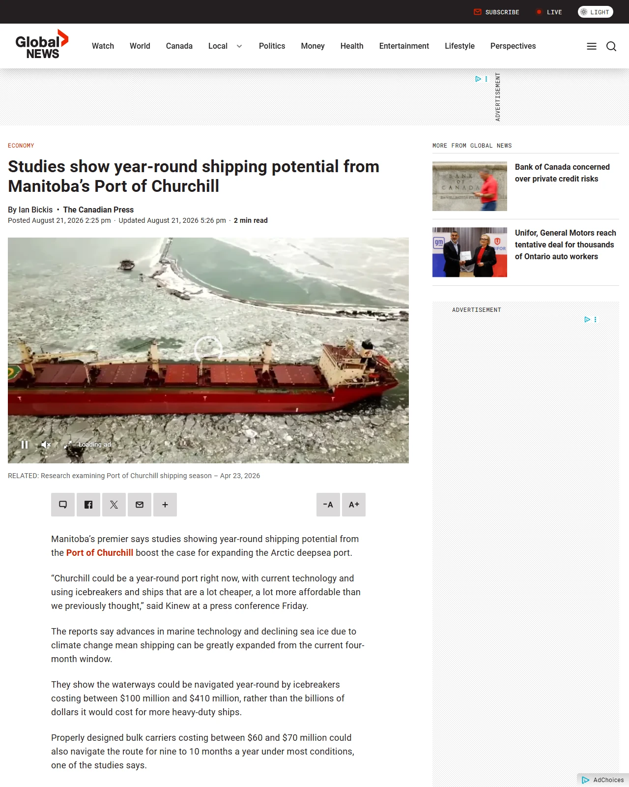 globalnews.ca as published: Studies show year-round shipping potential from Manitoba’s Port of Churchill - Winnipeg