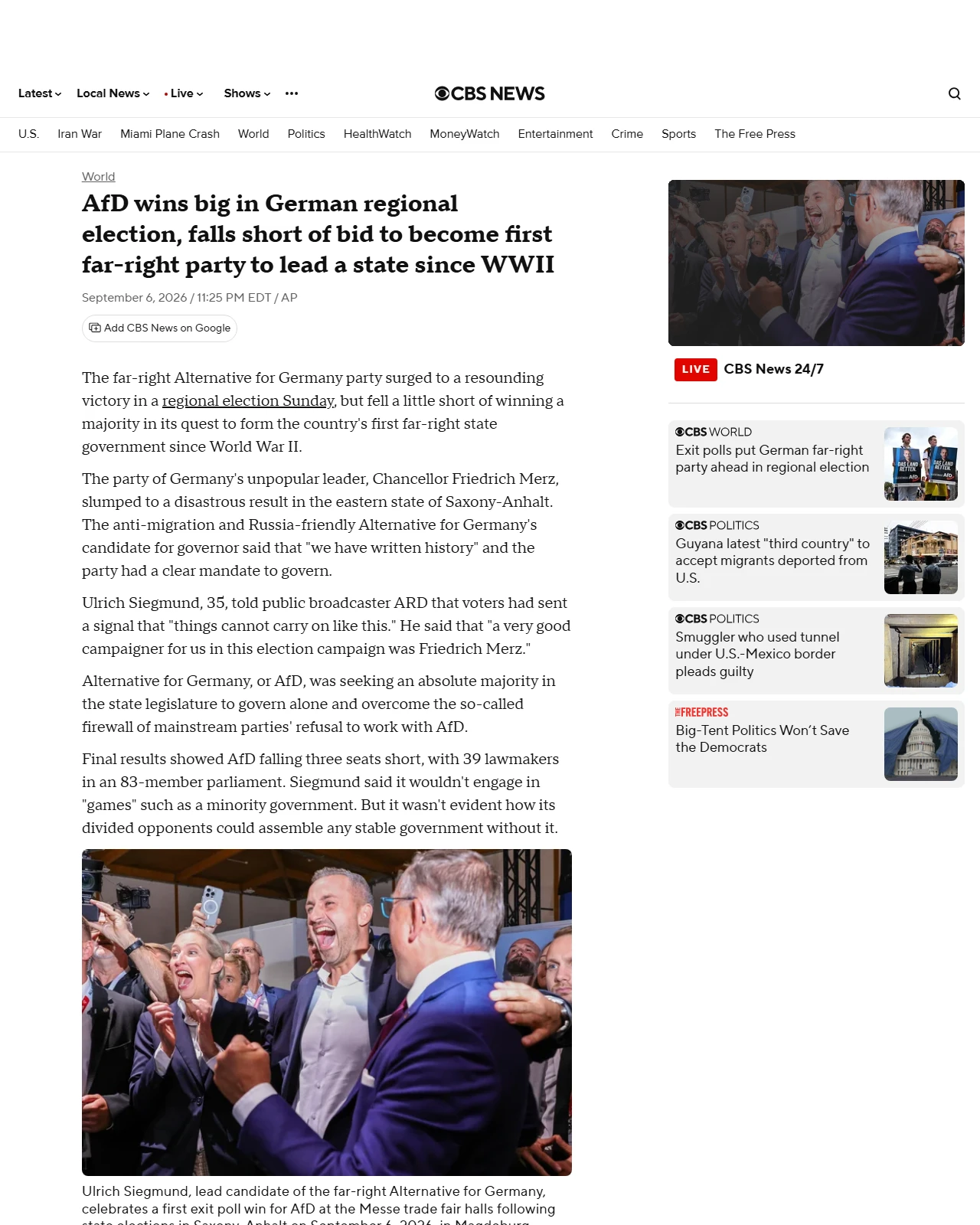 cbsnews.com as published: Far-right AfD wins big in German regional election, falls short of majority