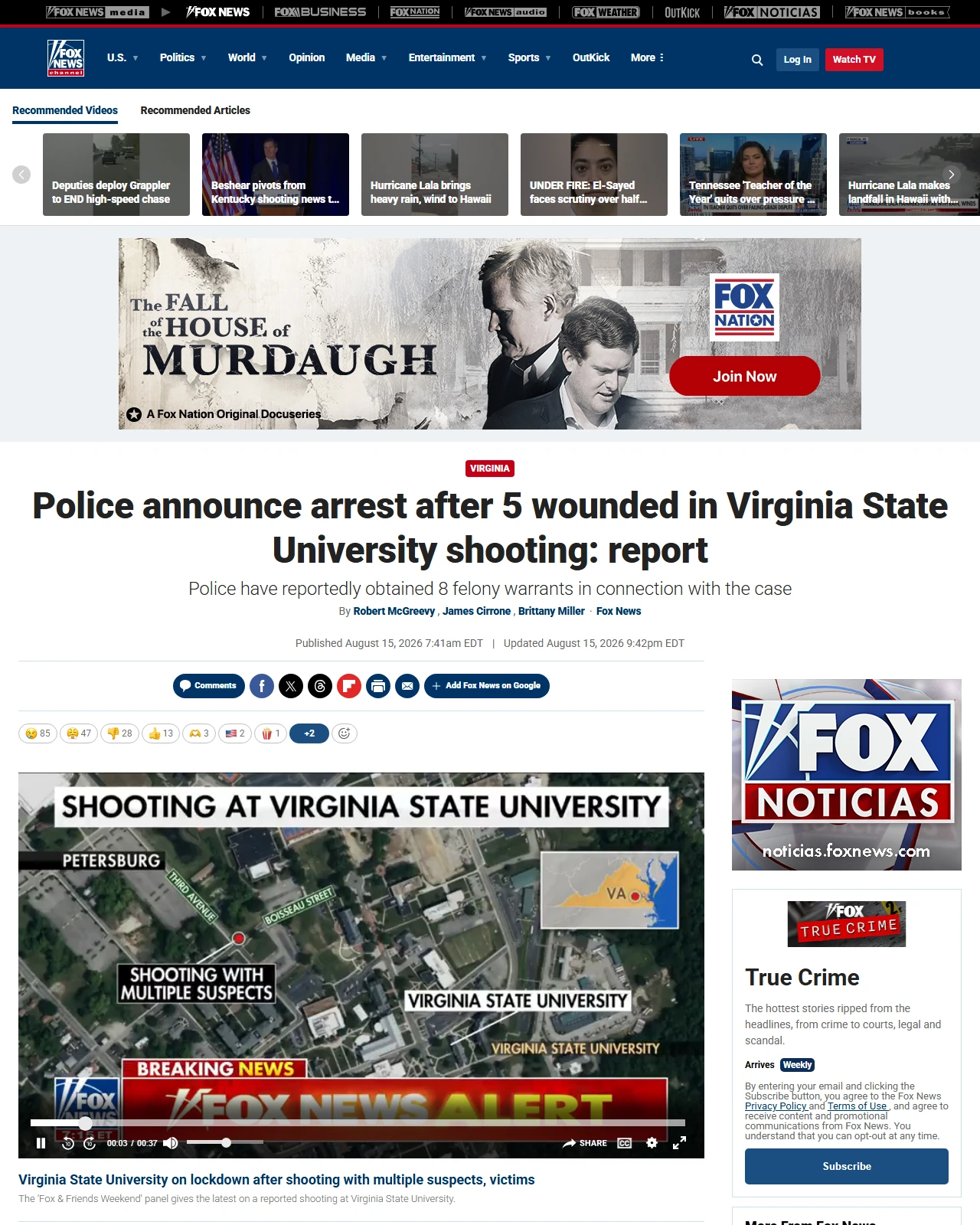 foxnews.com as published: Police announce arrest after 5 wounded in Virginia State University shooting: report