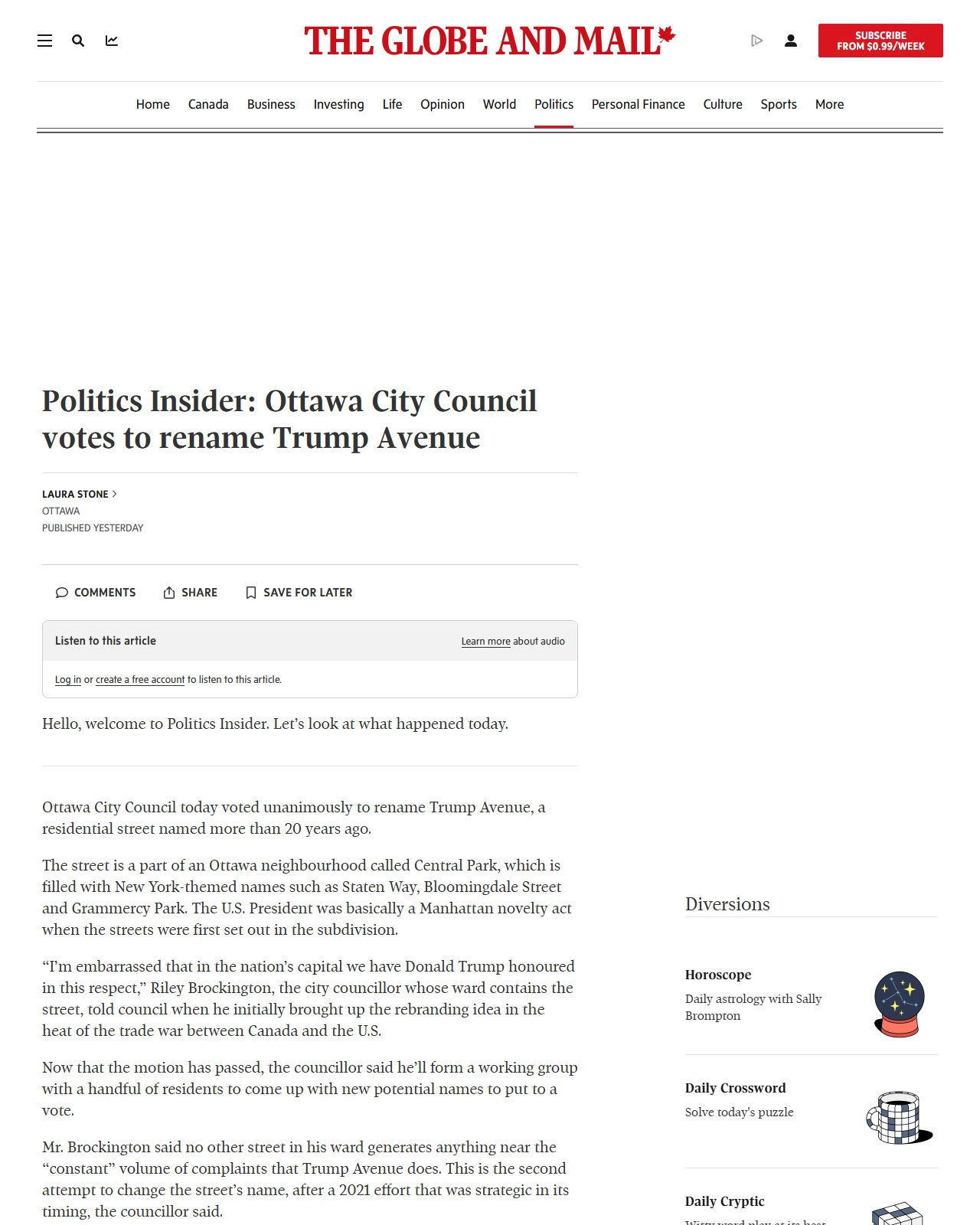 theglobeandmail.com as published: Politics Insider: Ottawa City Council votes to rename Trump Avenue