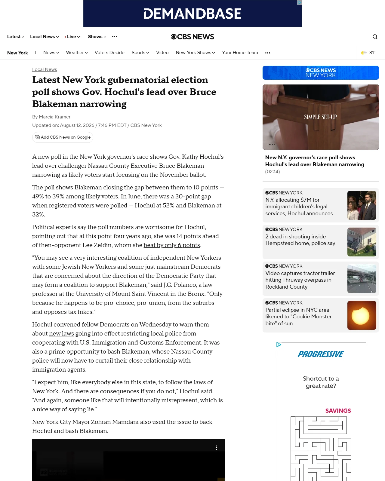 cbsnews.com as published: Latest New York gubernatorial election poll shows Gov. Hochul's lead over Bruce Blakeman narrowing