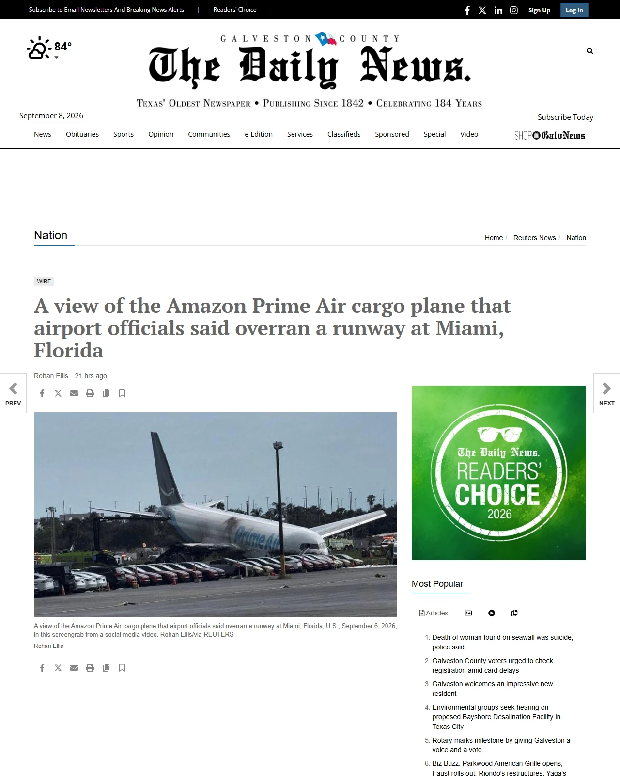 galvnews.com as published: A view of the Amazon Prime Air cargo plane that airport officials said overran a runway at Miami, Florida