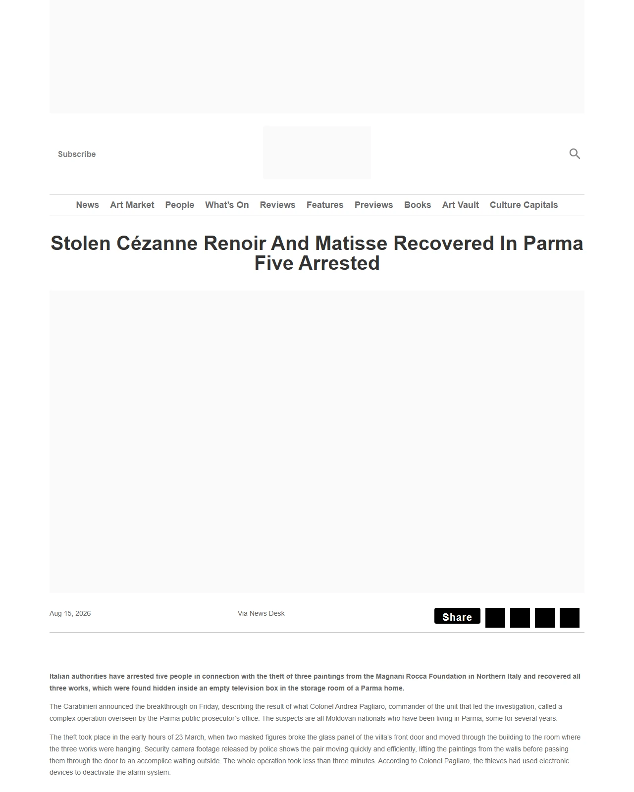 artlyst.com as published: Stolen Cézanne Renoir And Matisse Recovered In Parma Five Arrested