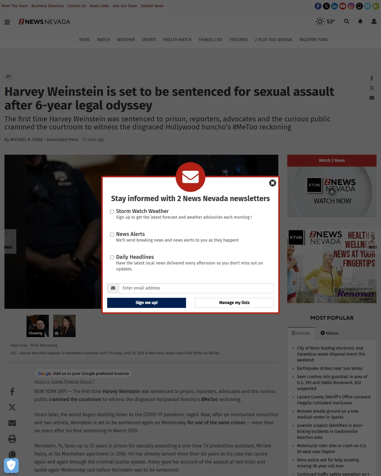 ktvn.com as published: Harvey Weinstein is set to be sentenced for sexual assault after 6-year legal odyssey | National News | 2news.com