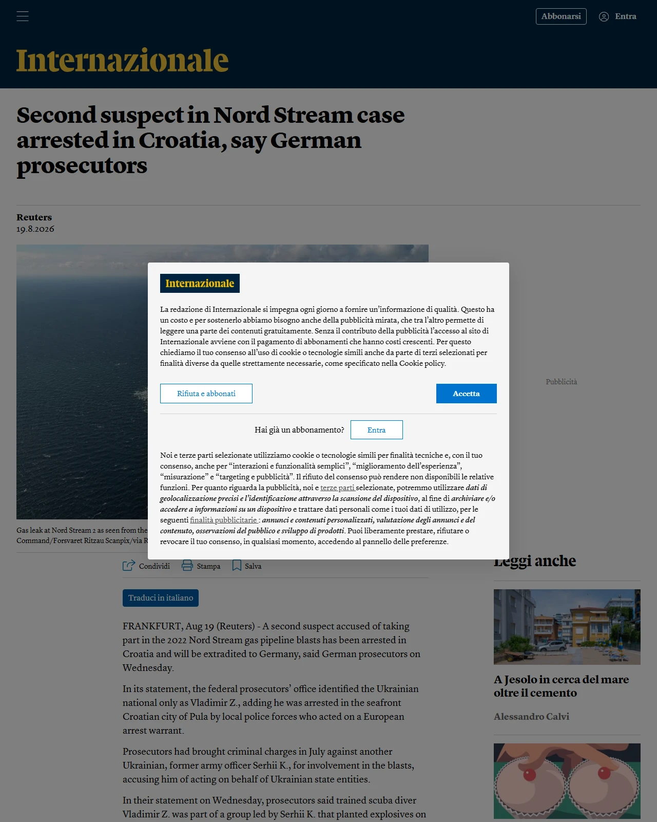 internazionale.it as published: Second suspect in Nord Stream case arrested in Croatia, say German prosecutors
