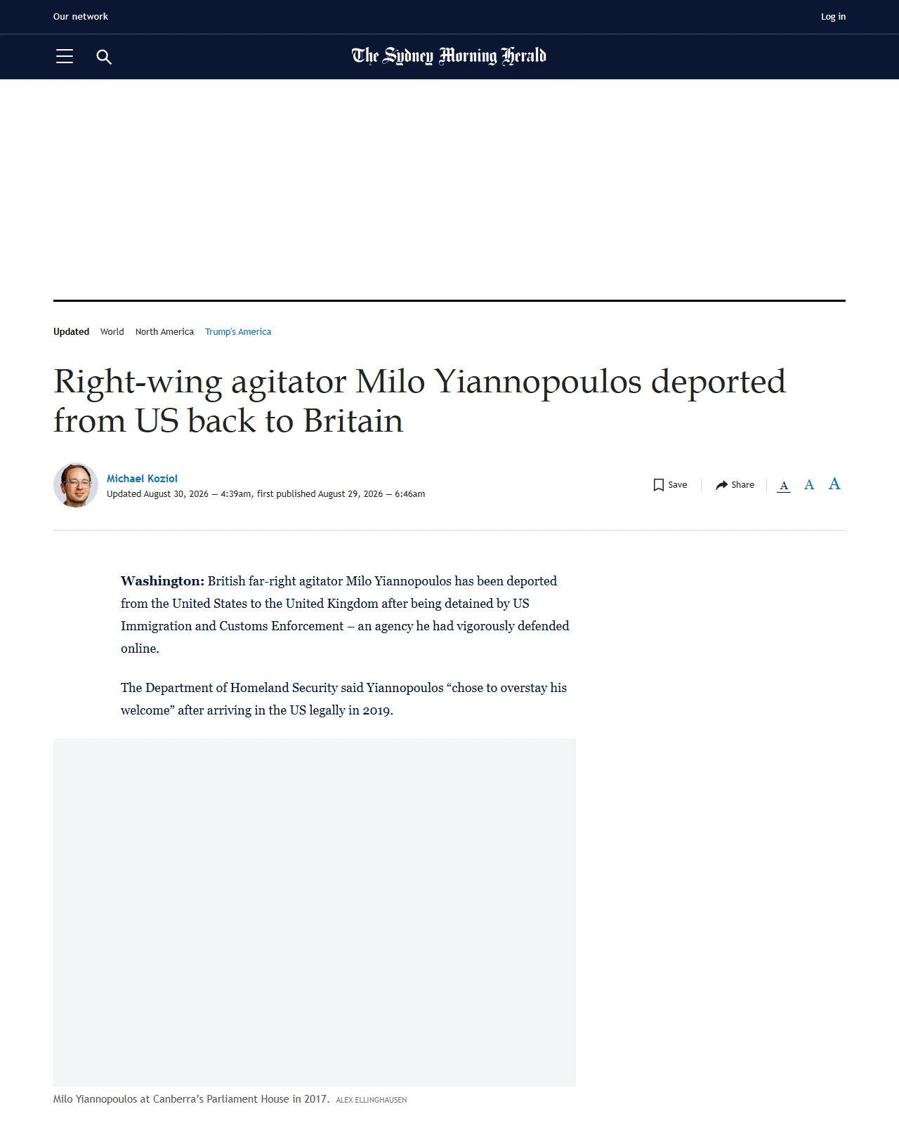 smh.com.au as published: Right-wing agitator Milo Yiannopoulos deported from US back to Britain