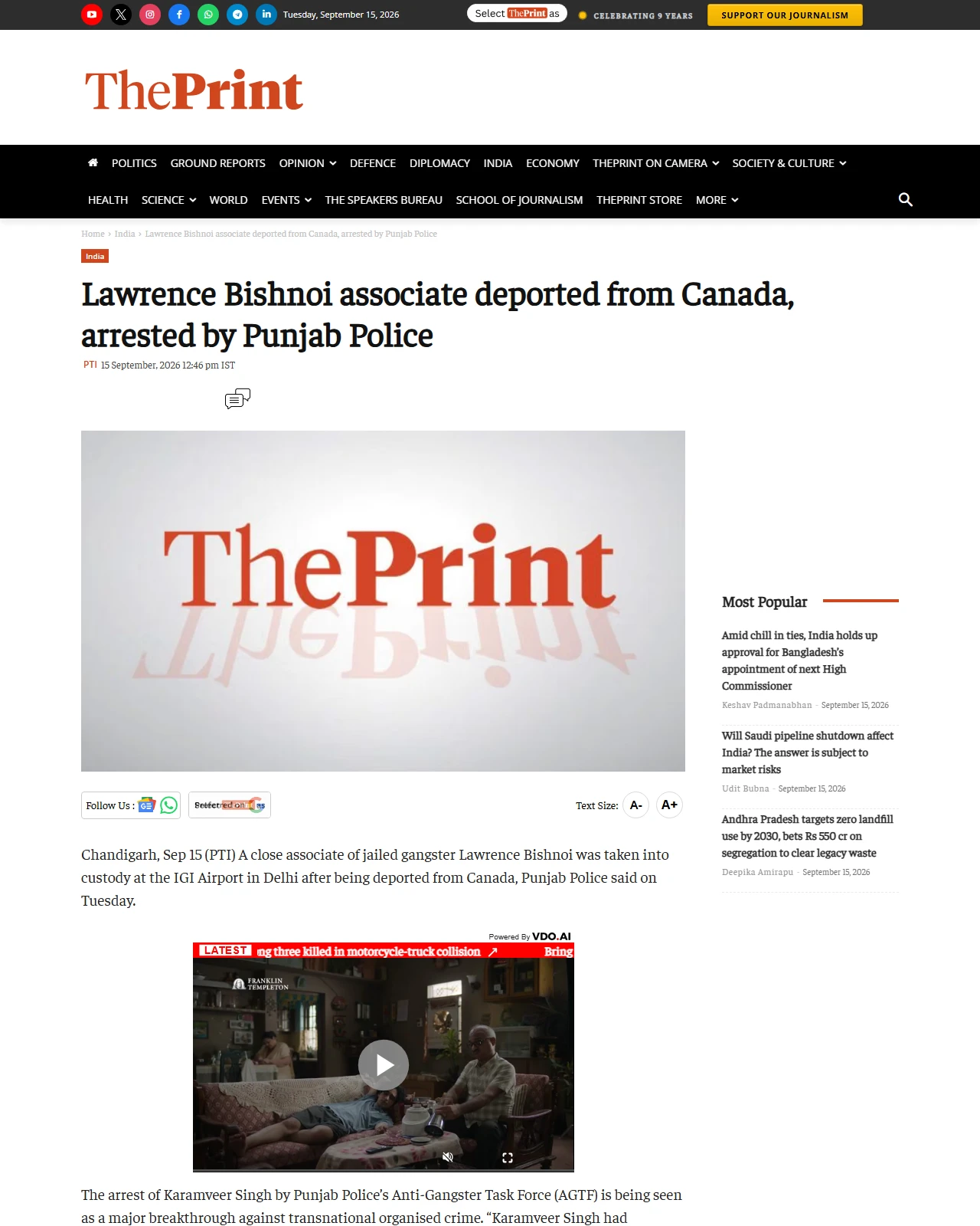 theprint.in as published: Lawrence Bishnoi associate deported from Canada, arrested by Punjab Police