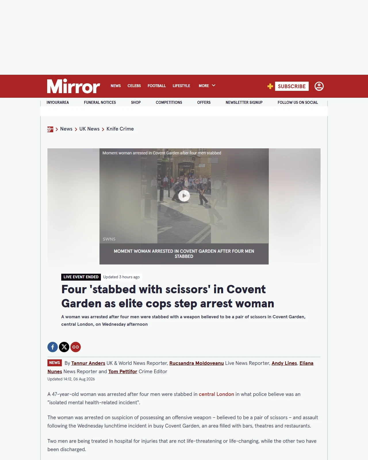 mirror.co.uk as published: Four 'stabbed with scissors' in Covent Garden as elite cops step arrest woman