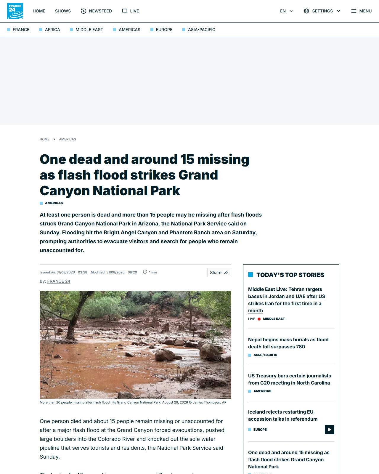 s.france24.com as published: One dead and around 15 missing as flash flood strikes Grand Canyon National Park