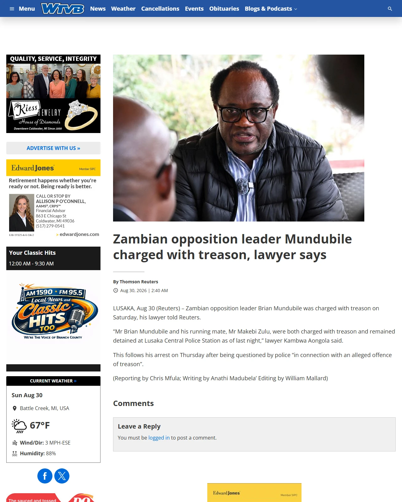 wtvbam.com as published: Zambian opposition leader Mundubile charged with treason, lawyer says