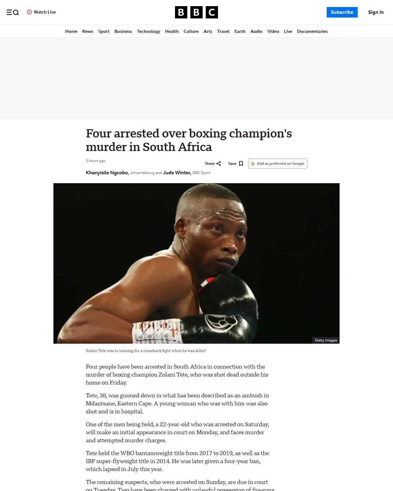 bbc.co.uk as published: Zolani Tete: Four arrested over boxing champion's murder in South Africa