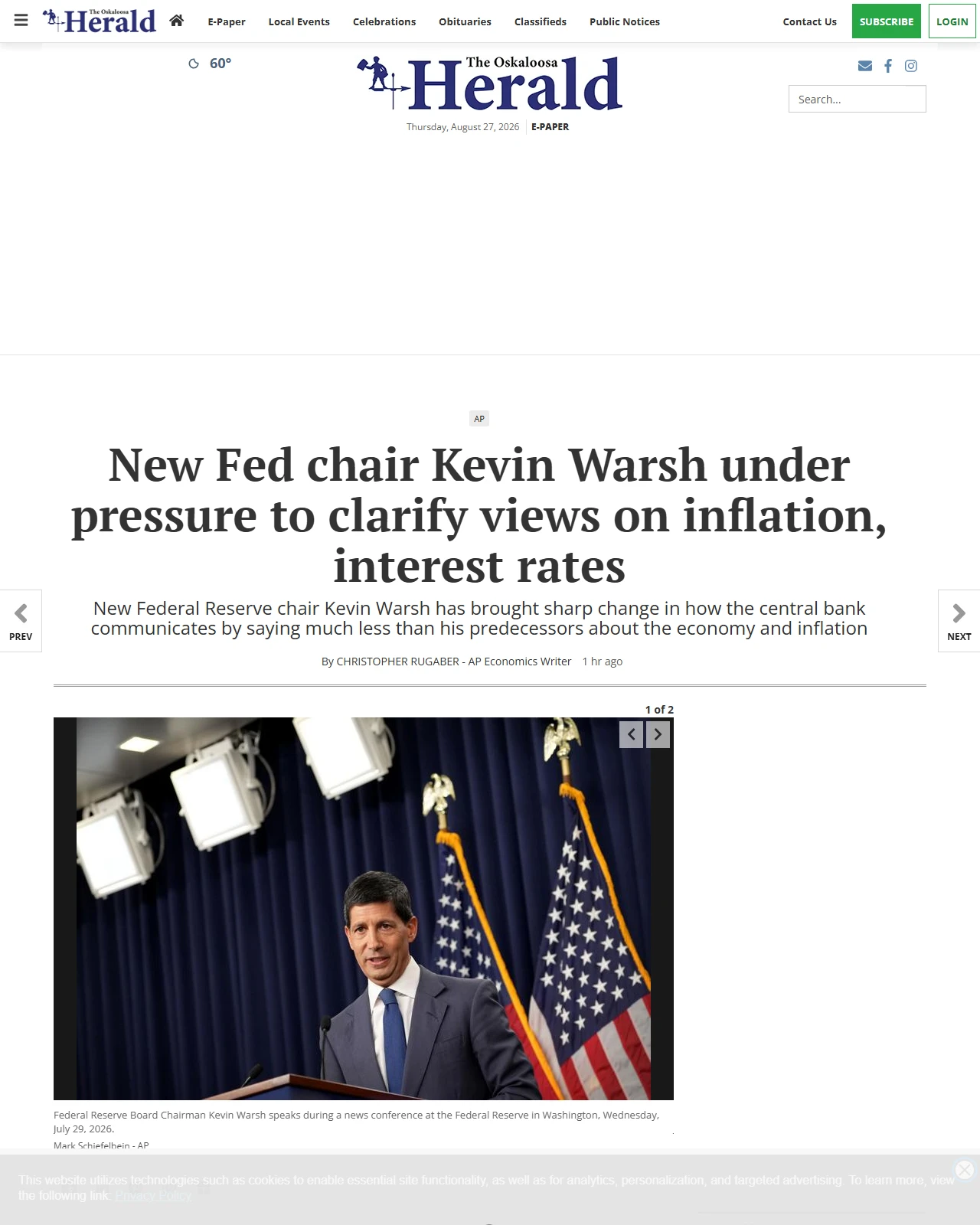 oskaloosa.com as published: New Fed chair Kevin Warsh under pressure to clarify views on inflation, interest rates