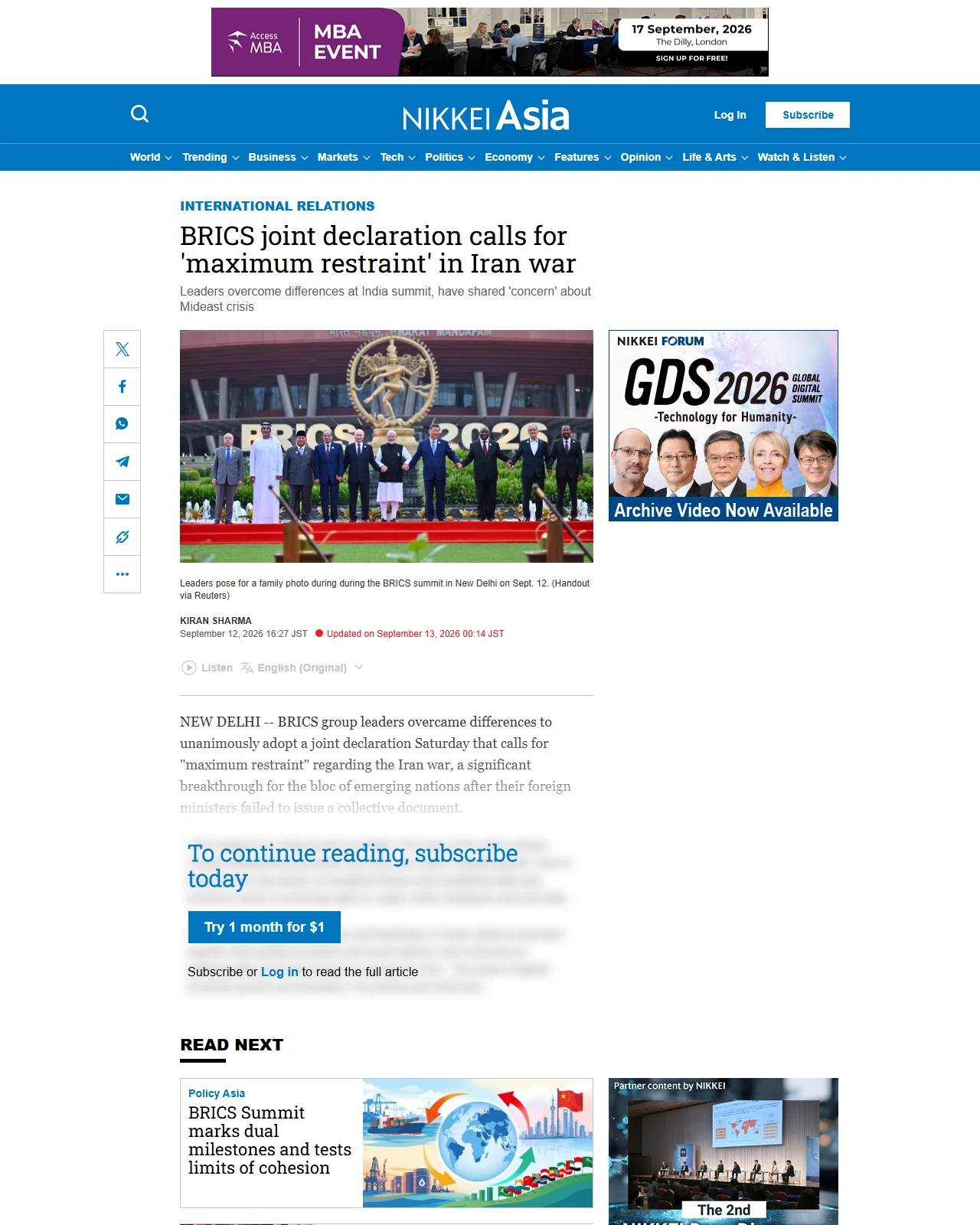 asia.nikkei.com as published: BRICS joint declaration calls for 'maximum restraint' in Iran war