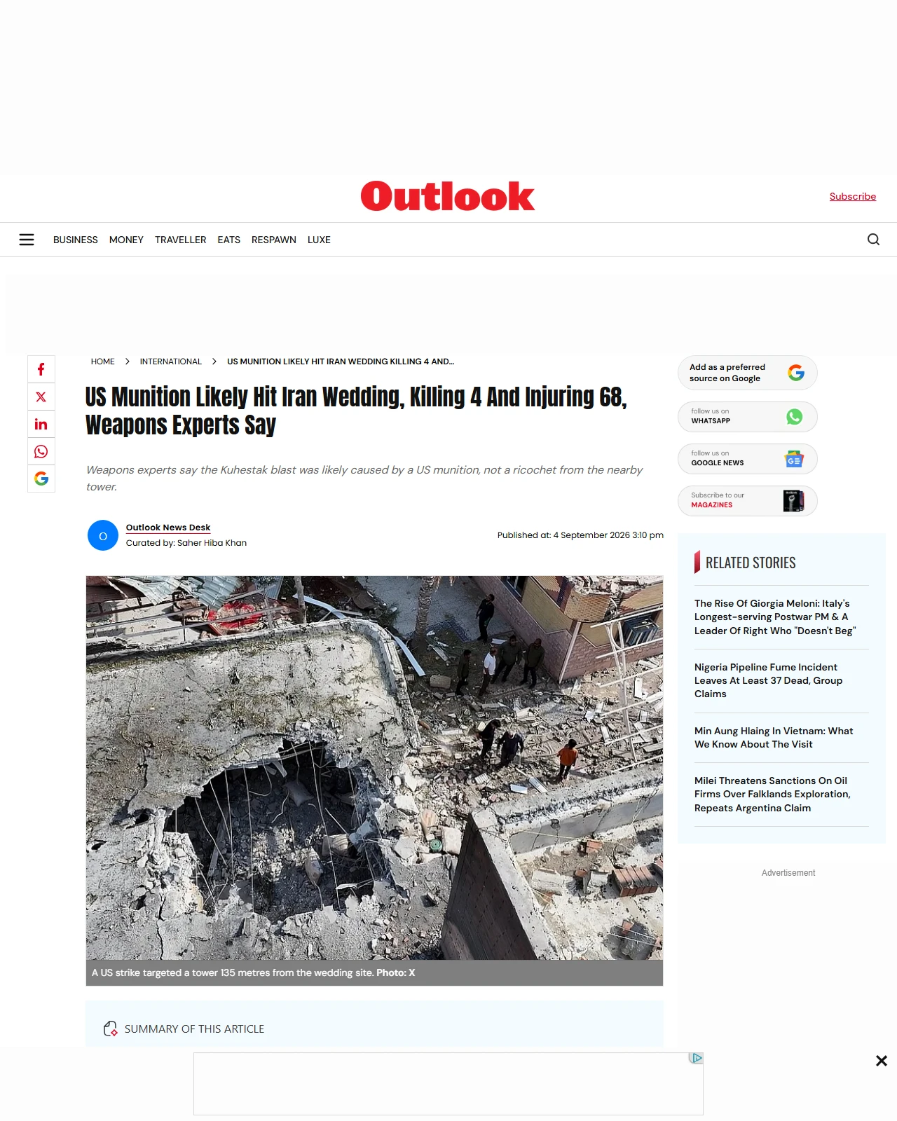 outlookindia.com as published: US Munition Likely Hit Iran Wedding, Killing 4 And Injuring 68, Weapons Experts Say
