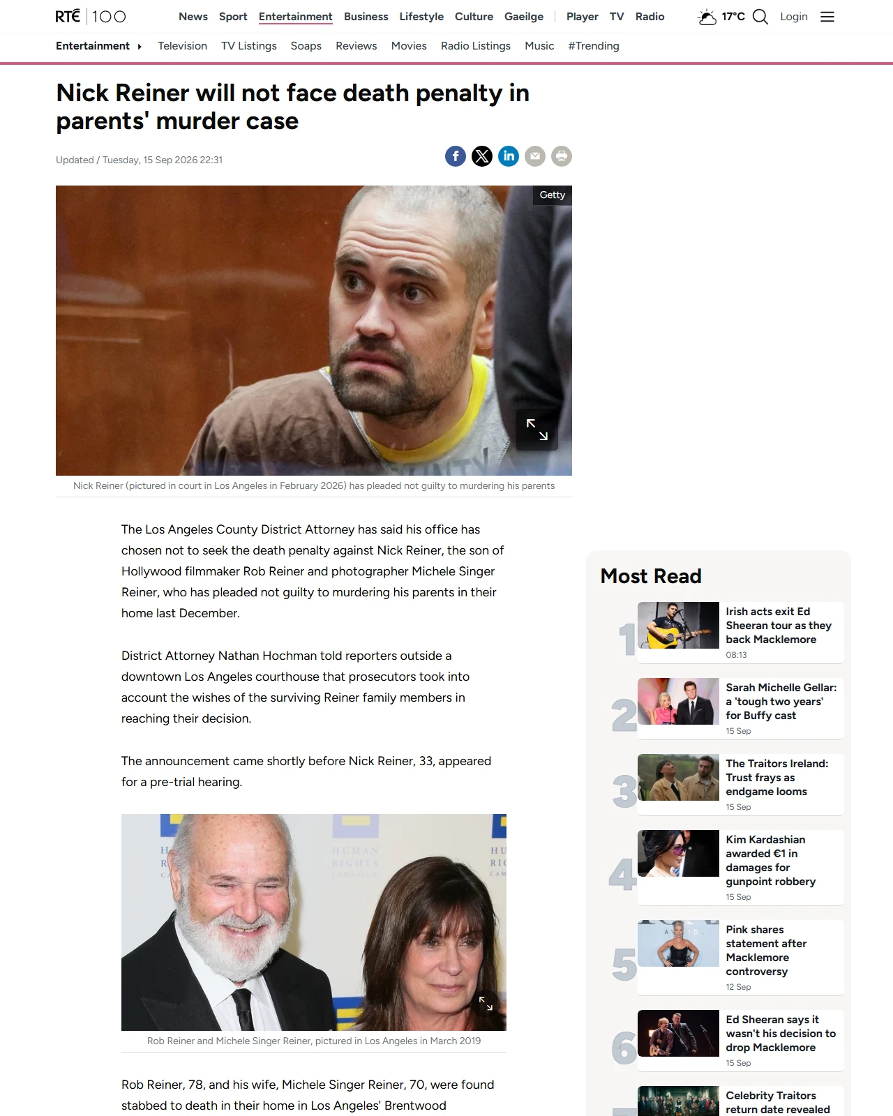 rte.ie as published: Death penalty will not be sought in Nick Reiner case