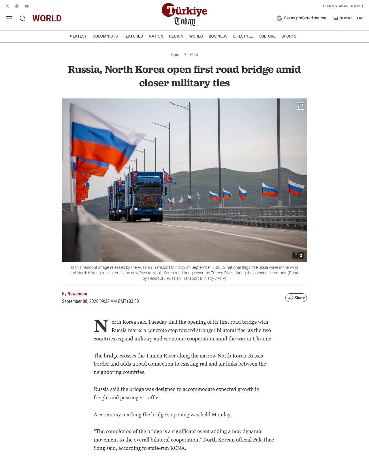 turkiyetoday.com as published: Russia, North Korea open first road bridge amid closer military ties