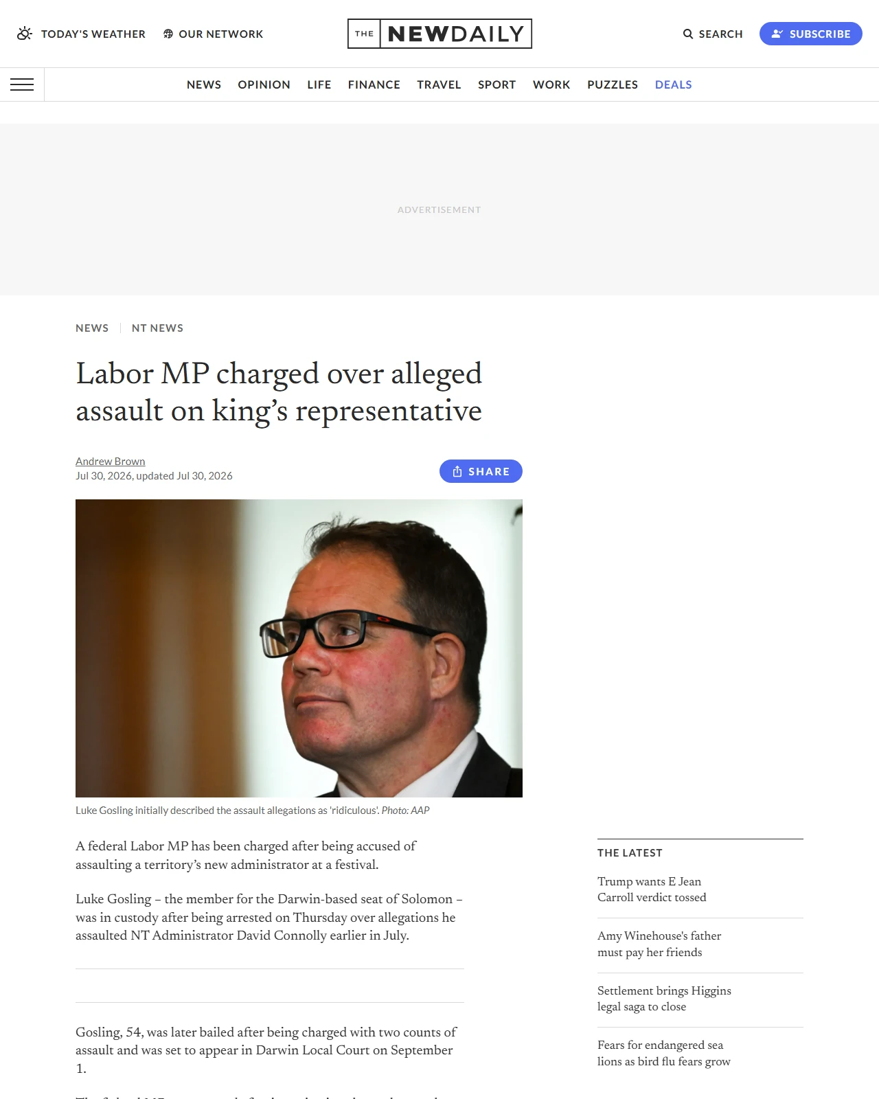 thenewdaily.com.au as published: Labor MP Luke Gosling charged over alleged assault