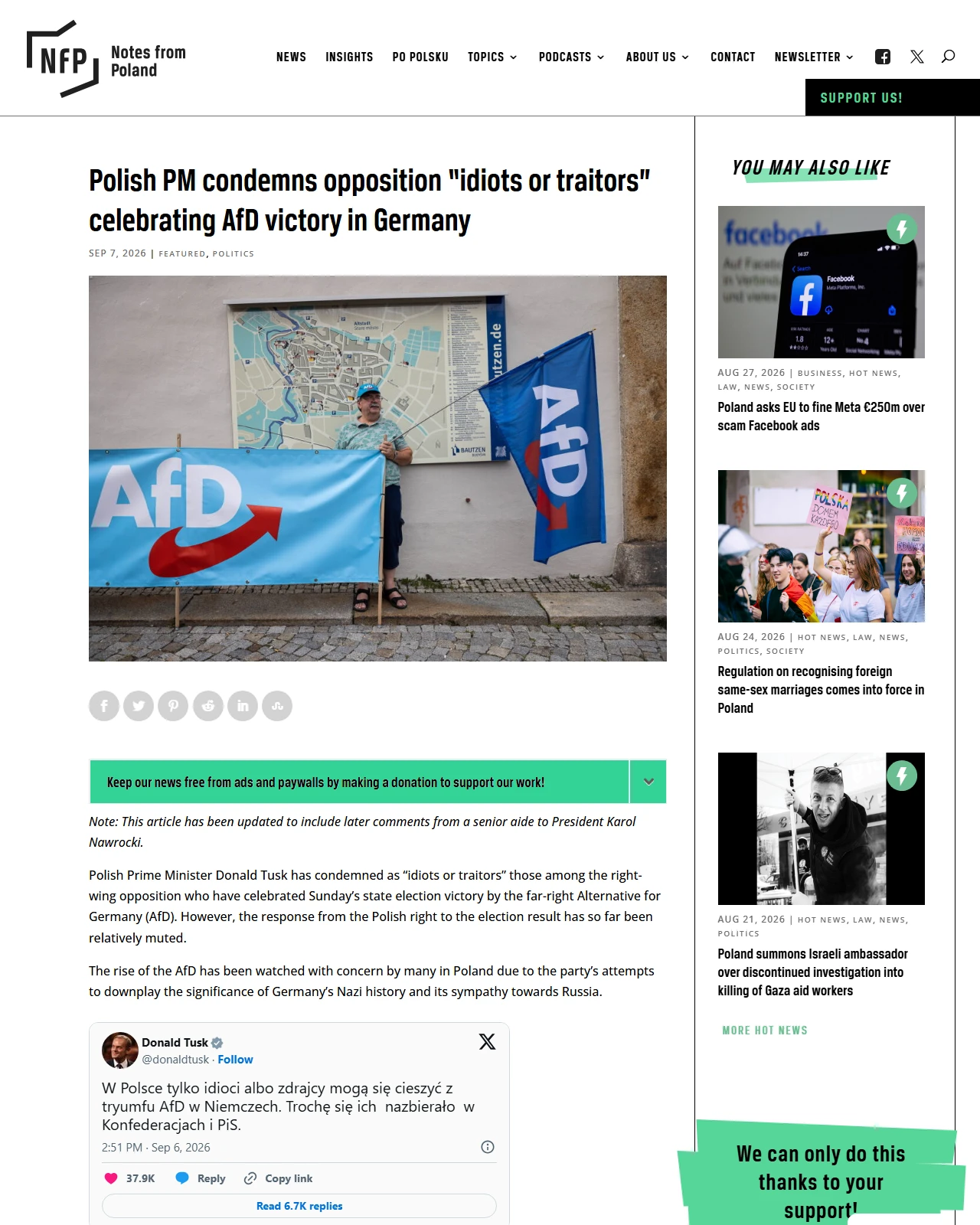 notesfrompoland.com as published: Polish PM condemns opposition “idiots or traitors” celebrating AfD victory in Germany