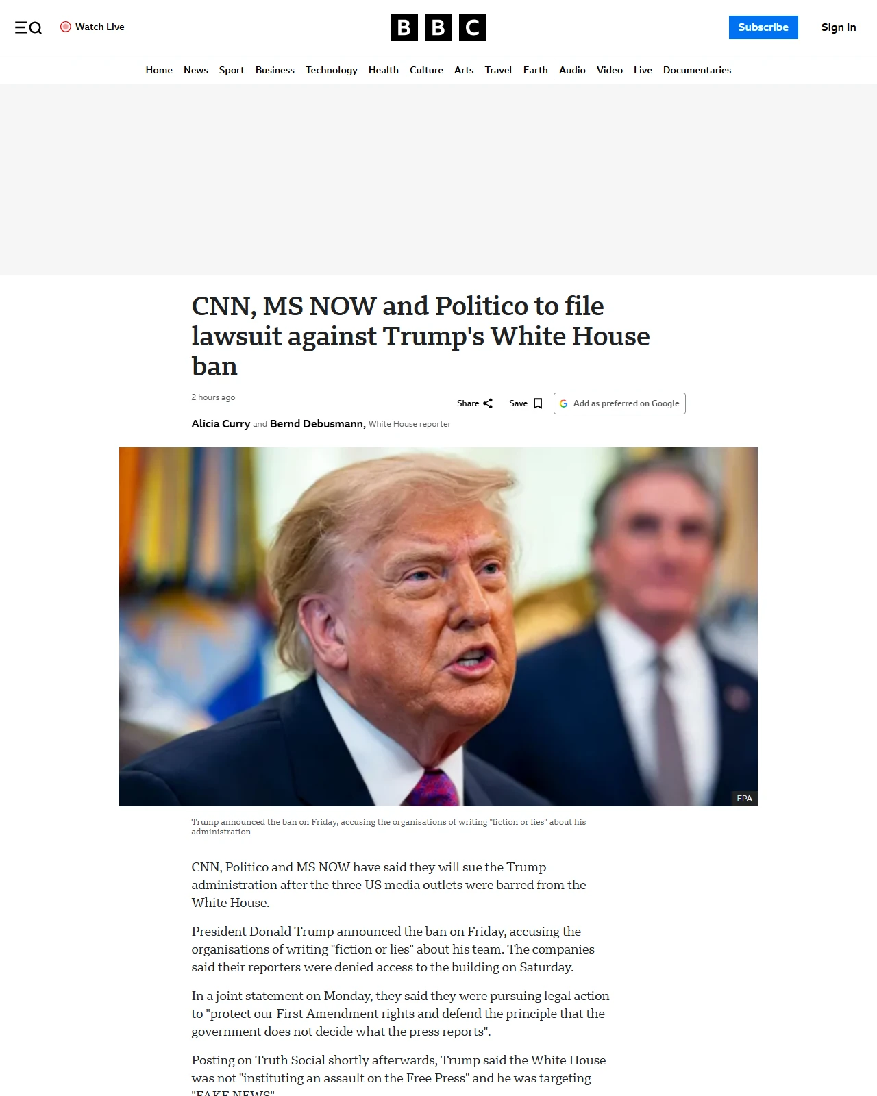 bbc.co.uk as published: CNN, MS NOW and Politico to file lawsuit against Trump's White House ban