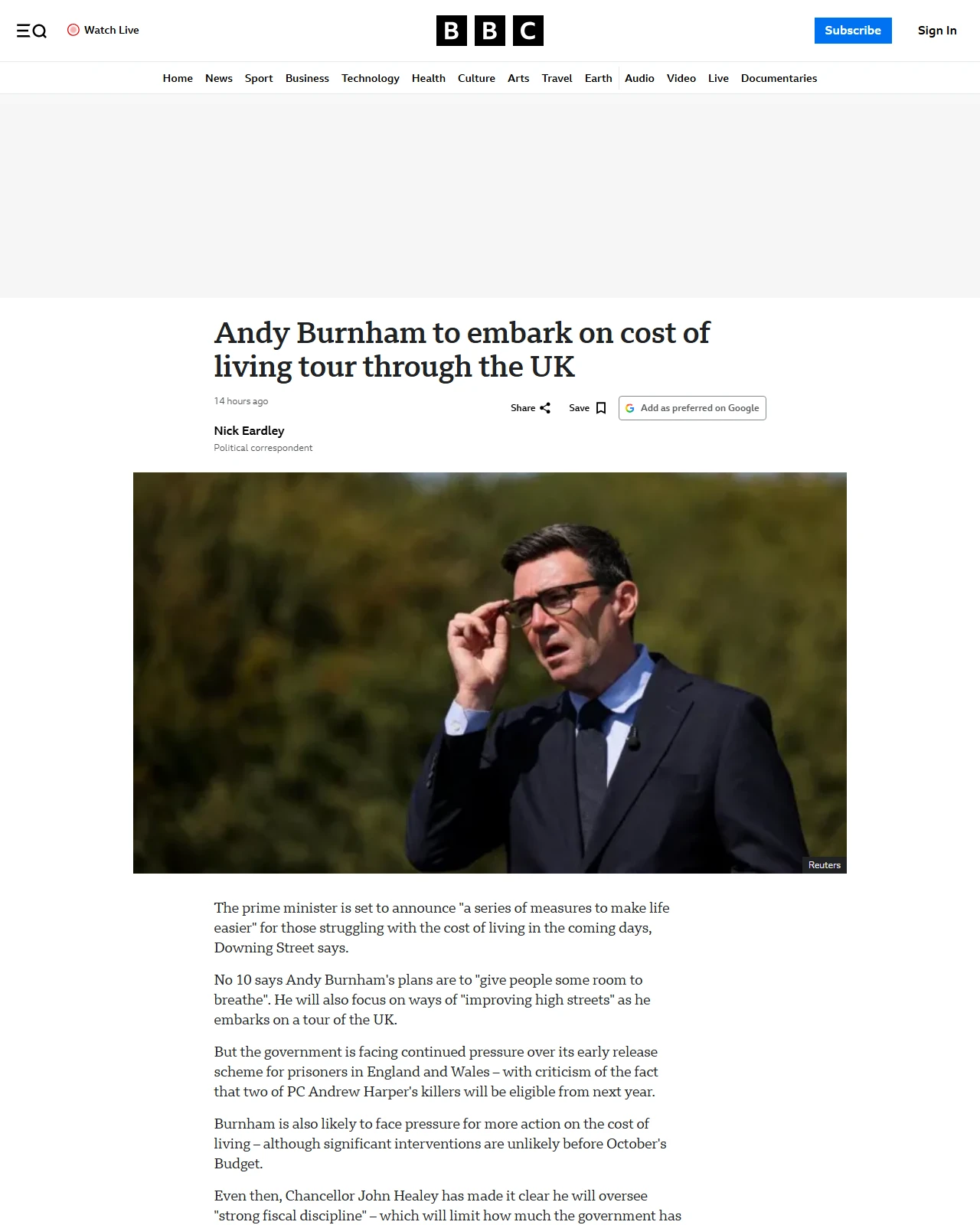 bbc.co.uk as published: Burnham to set out cost-of-living measures as he tours UK