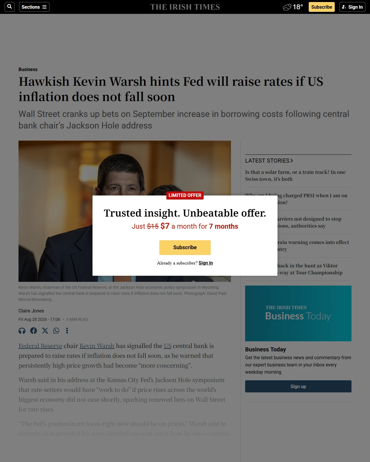 irishtimes.com as published: Hawkish Kevin Warsh hints Fed will raise rates if US inflation does not fall soon